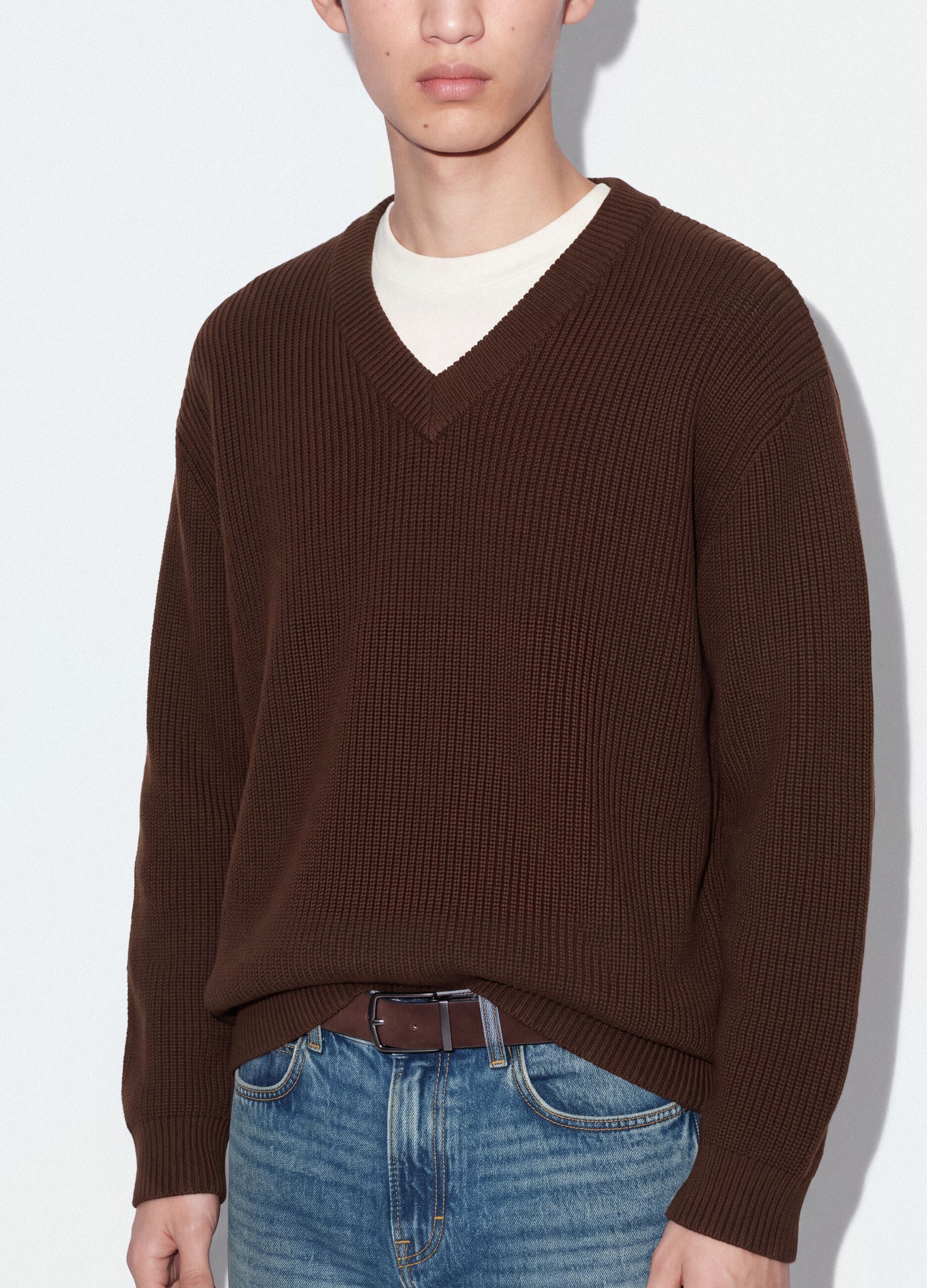 Brown pure cotton jumper with deep V-neck, regular fit