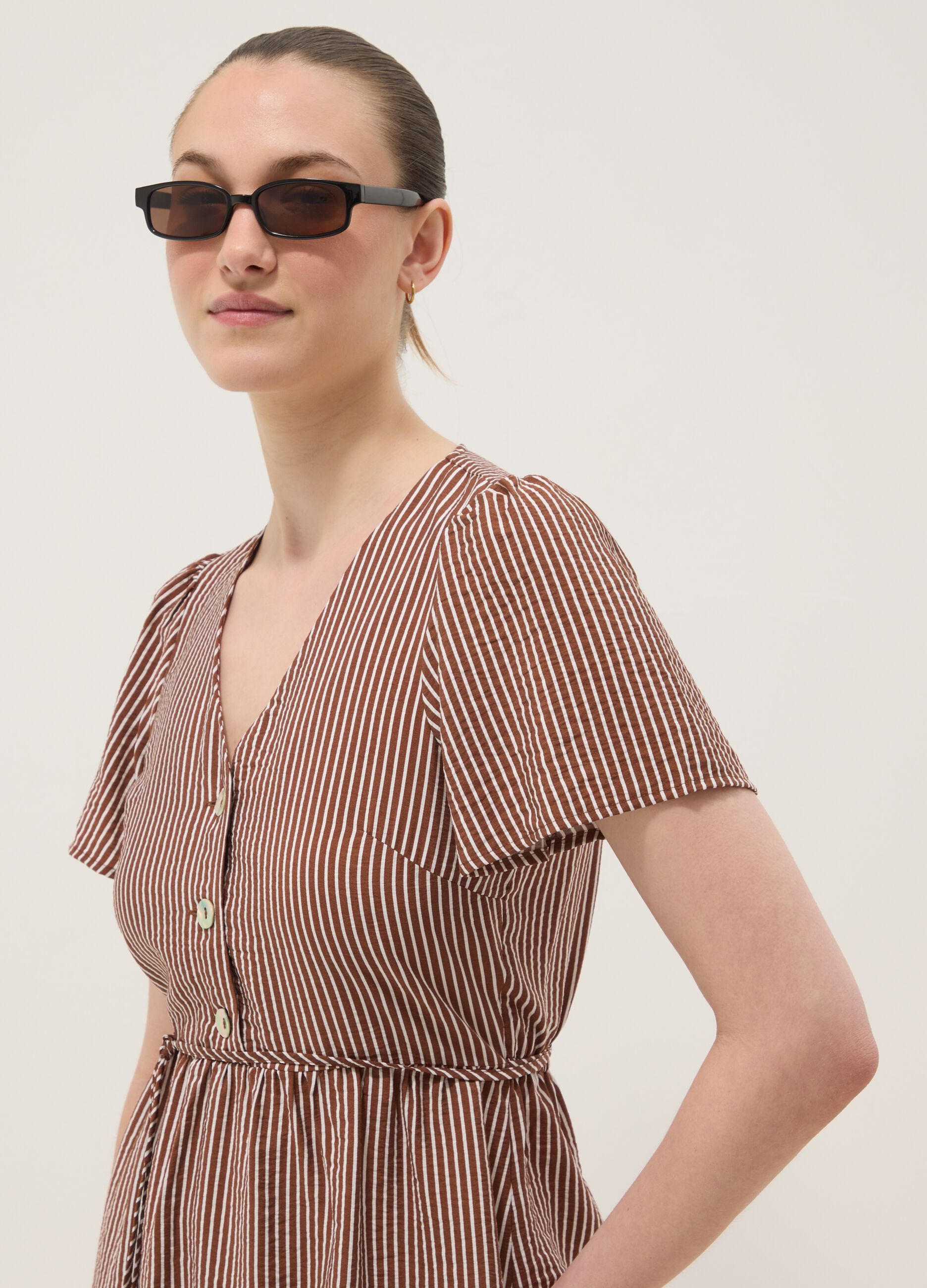 Brown striped viscose-blend shirt dress