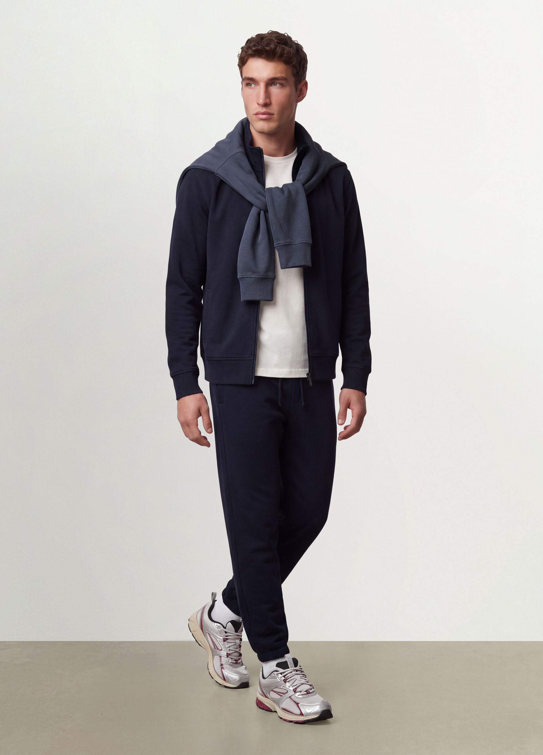 Blue cotton-blend sweatshirt with crew neck and zip, regular fit