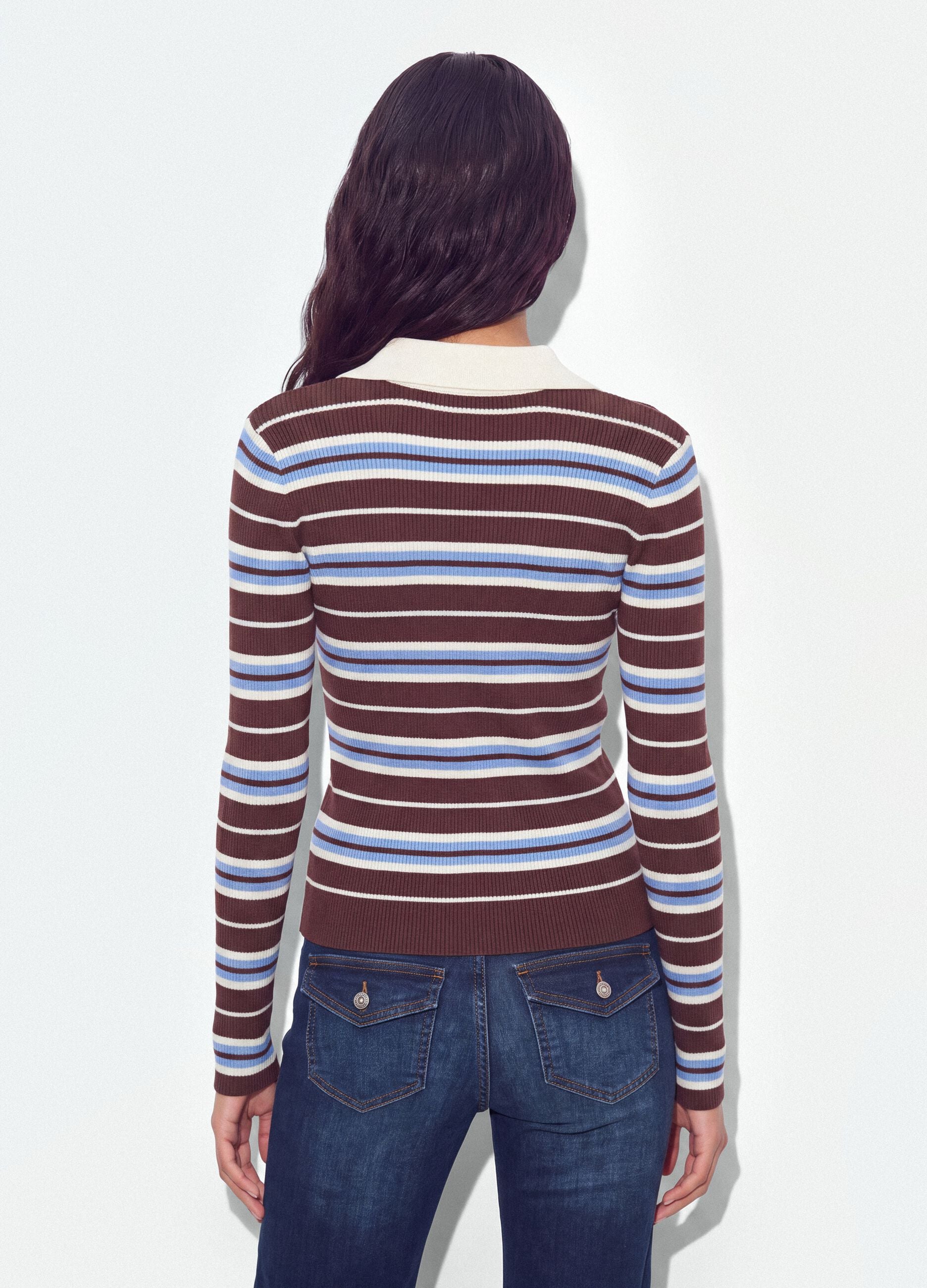 Multicolour striped viscose-blend fitted polo-collar knit