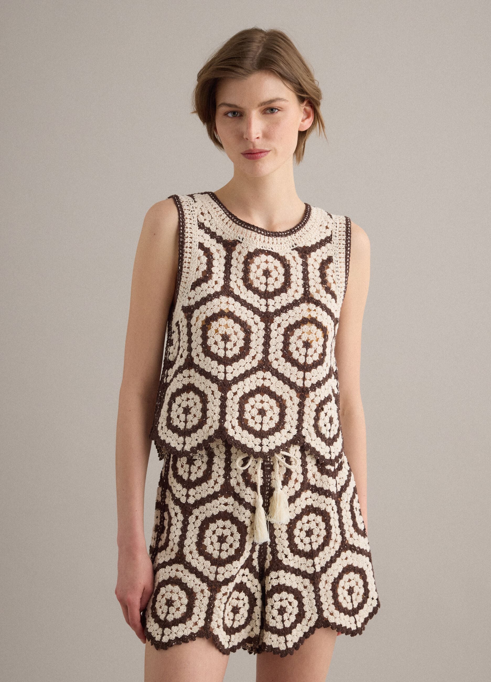 Regular-fit multicolour cotton-blend crochet top