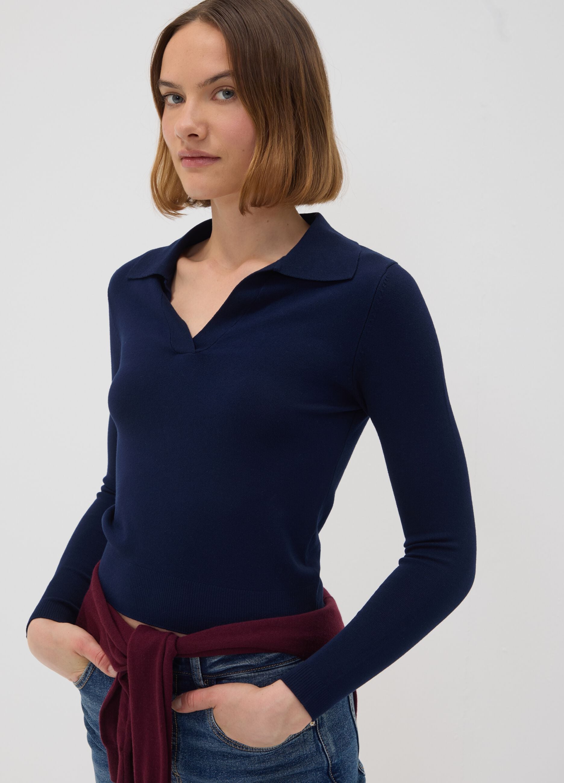 Blue viscose-blend polo-collar jumper, regular fit