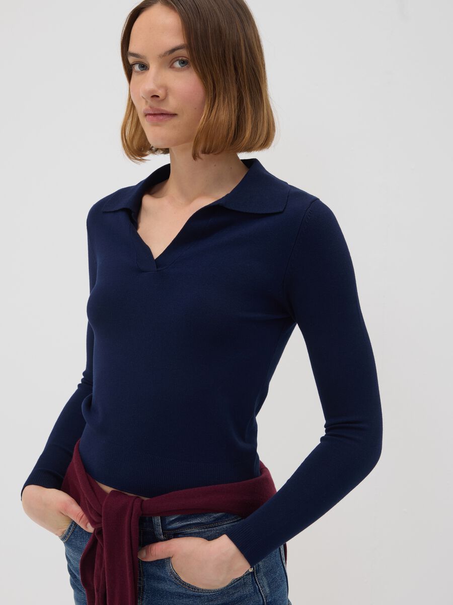 Blue viscose-blend polo-collar jumper, regular fit_0