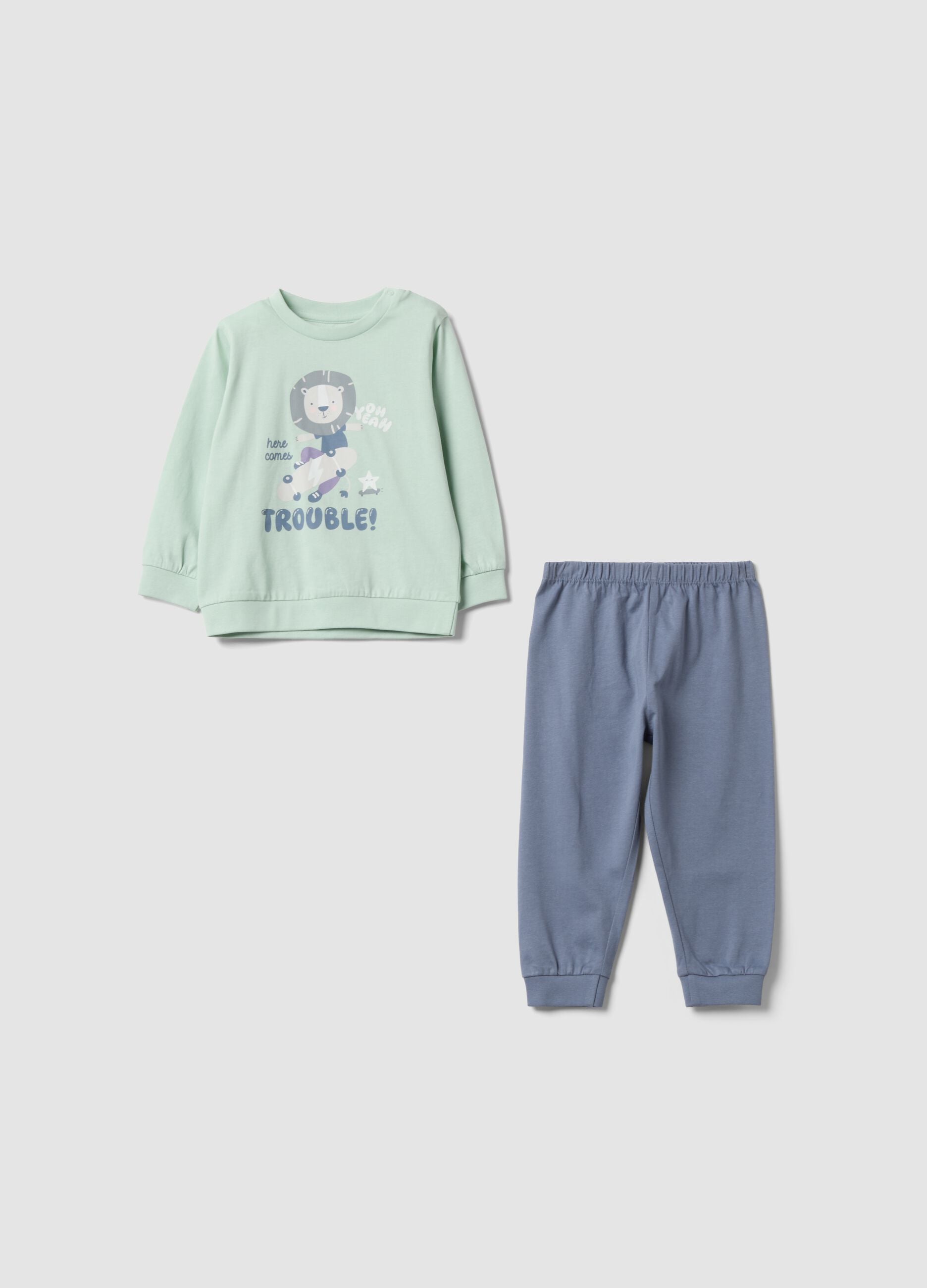 Green long printed organic cotton jersey pyjamas for babies and toddlers