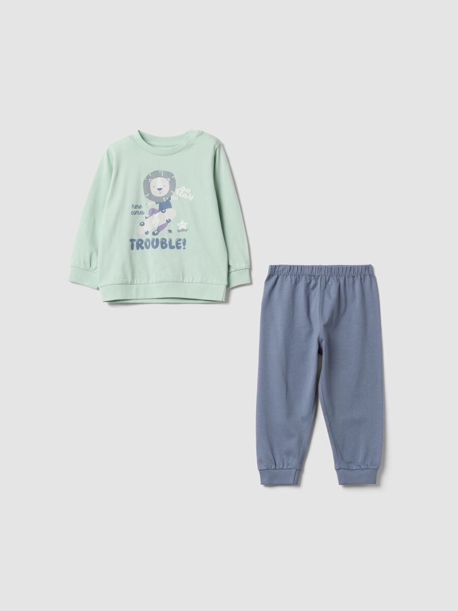 Green long printed organic cotton jersey pyjamas for babies and toddlers_0