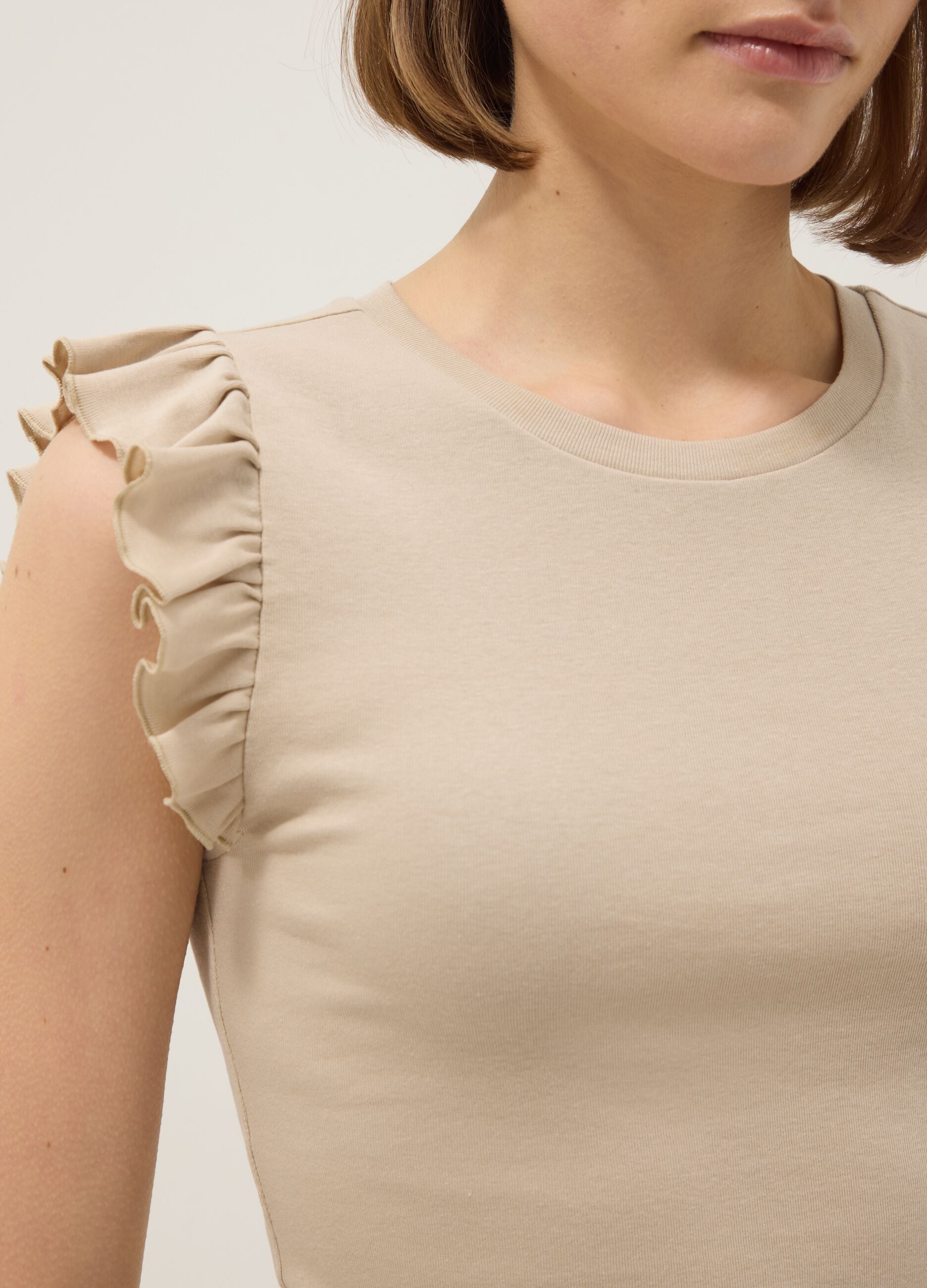 Beige slim fit pure cotton t-shirt with ruffles