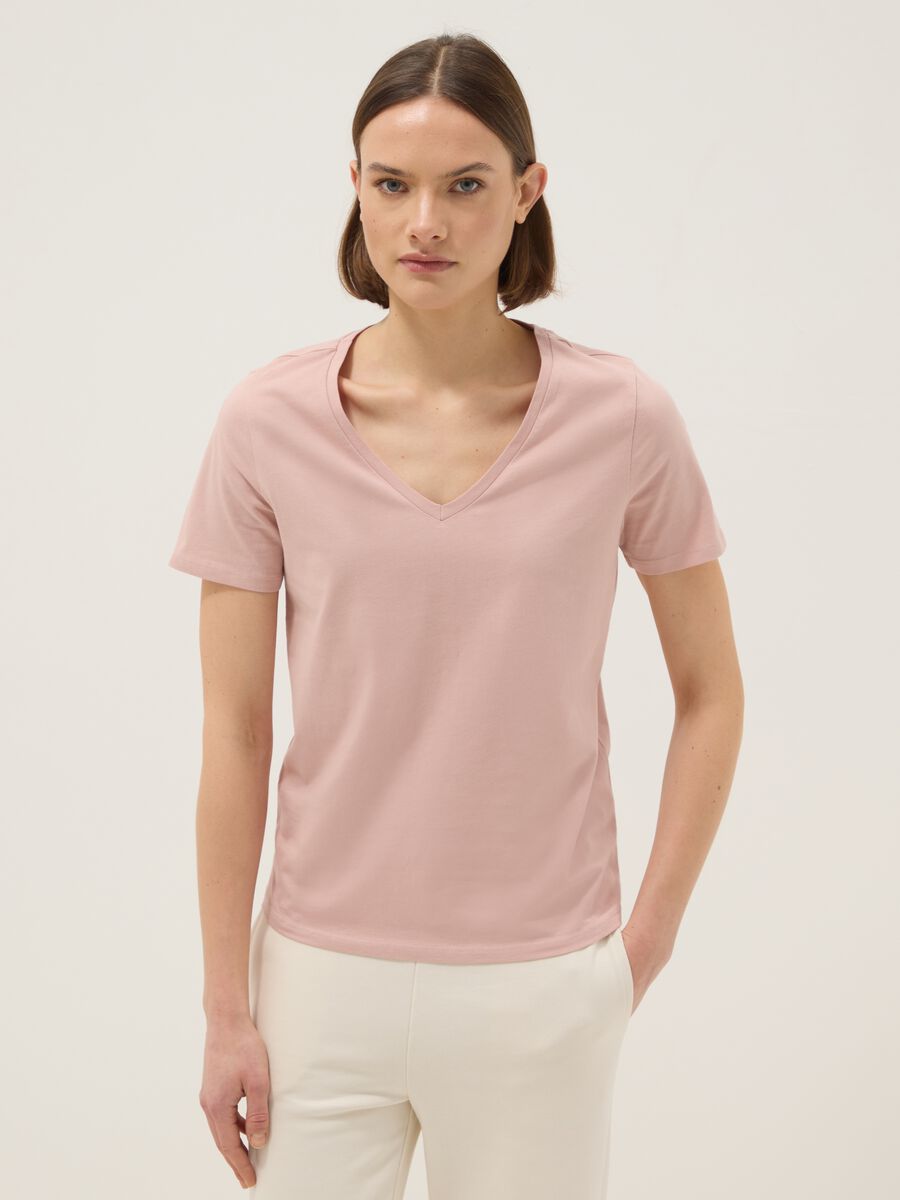 Pink pure cotton regular fit V-neck T-shirt_0
