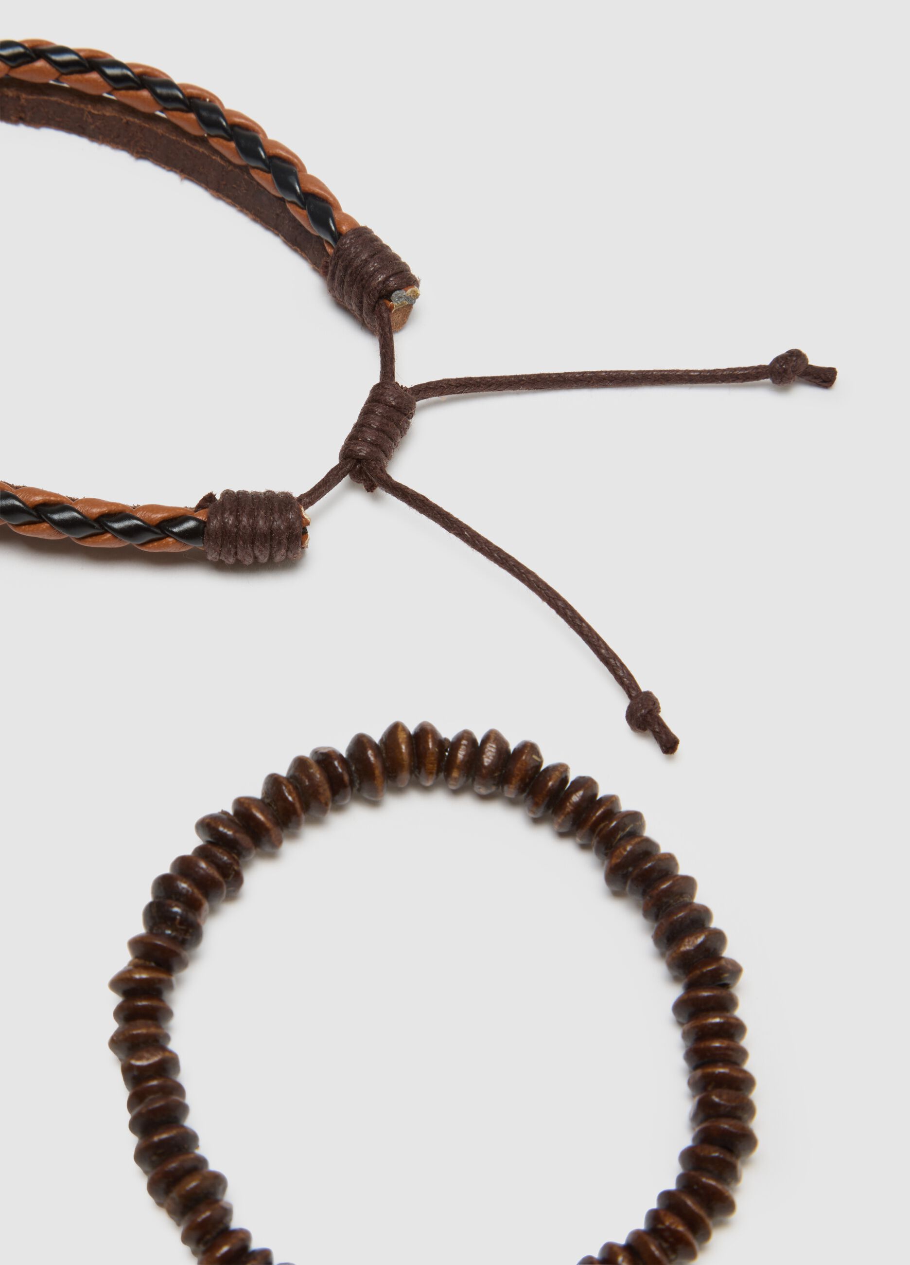 Two-Pack Genuine Leather and Brown Wood Bracelets
