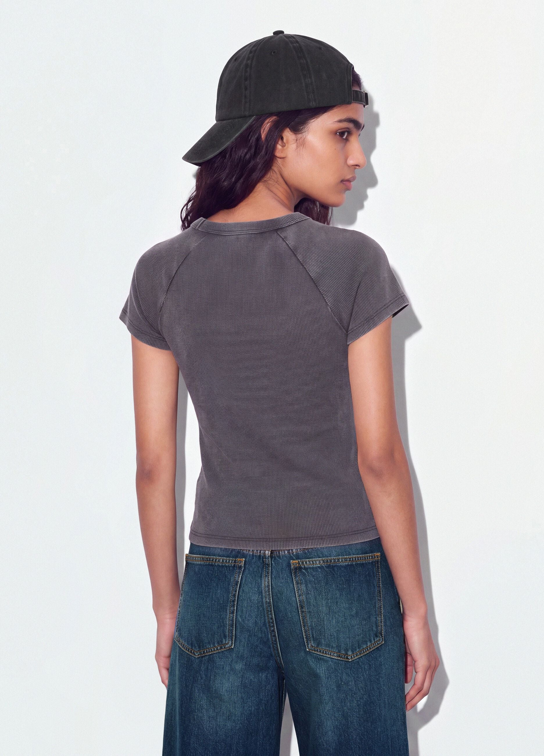 Grey fitted ribbed stretch cotton T-shirt with Detroit lettering
