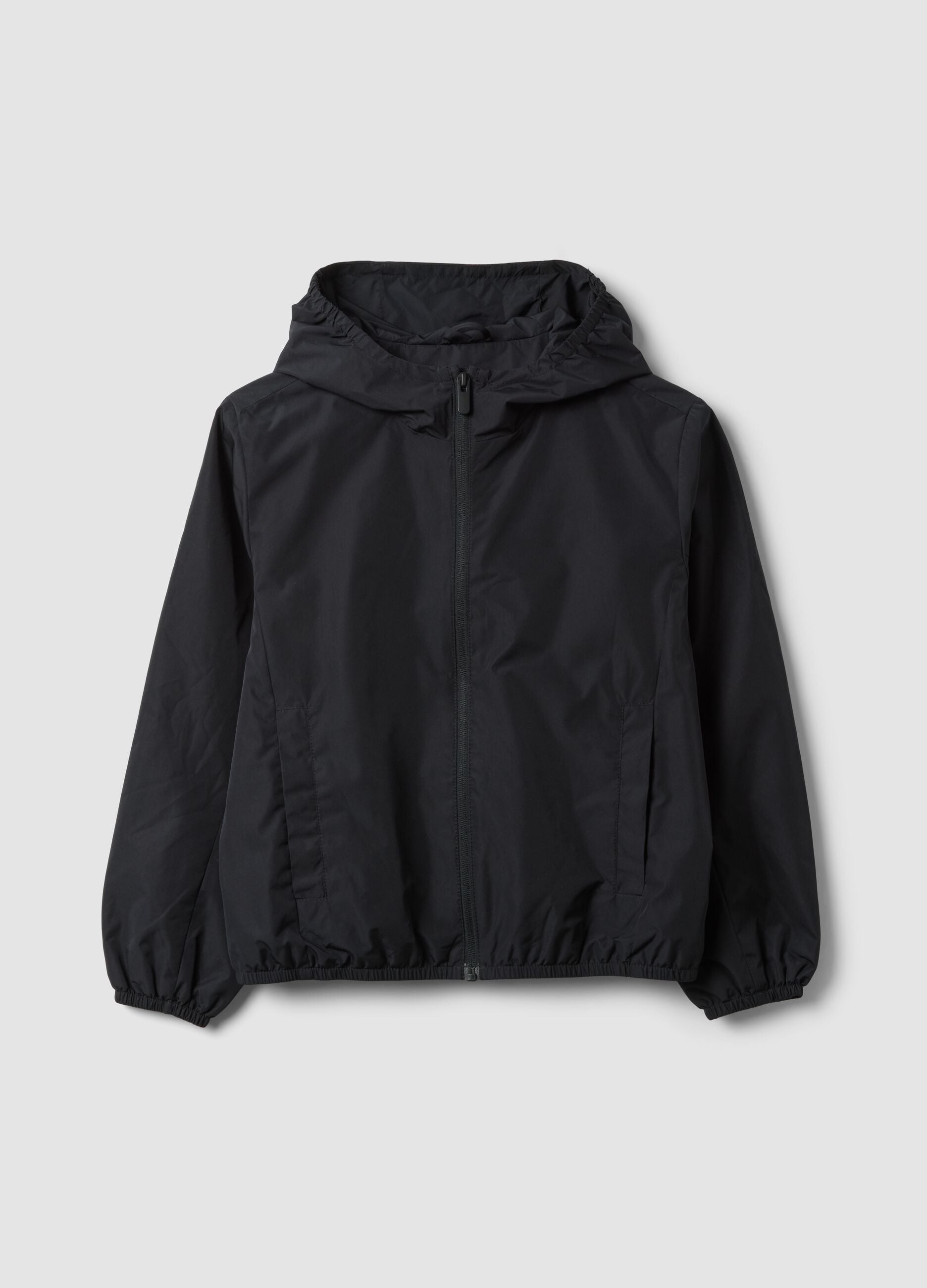 Black hooded rain jacket with zip for girls