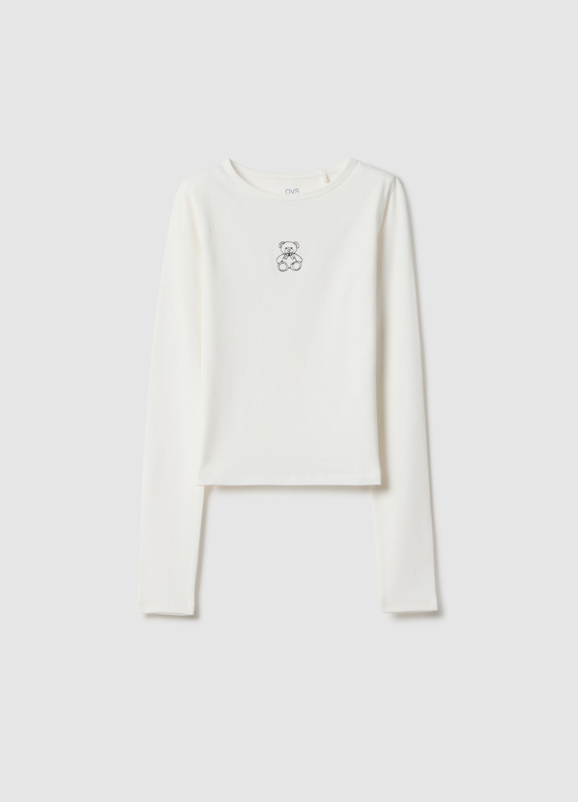 Girls' Long Sleeve White Cotton Blend Slim Fit T-Shirt