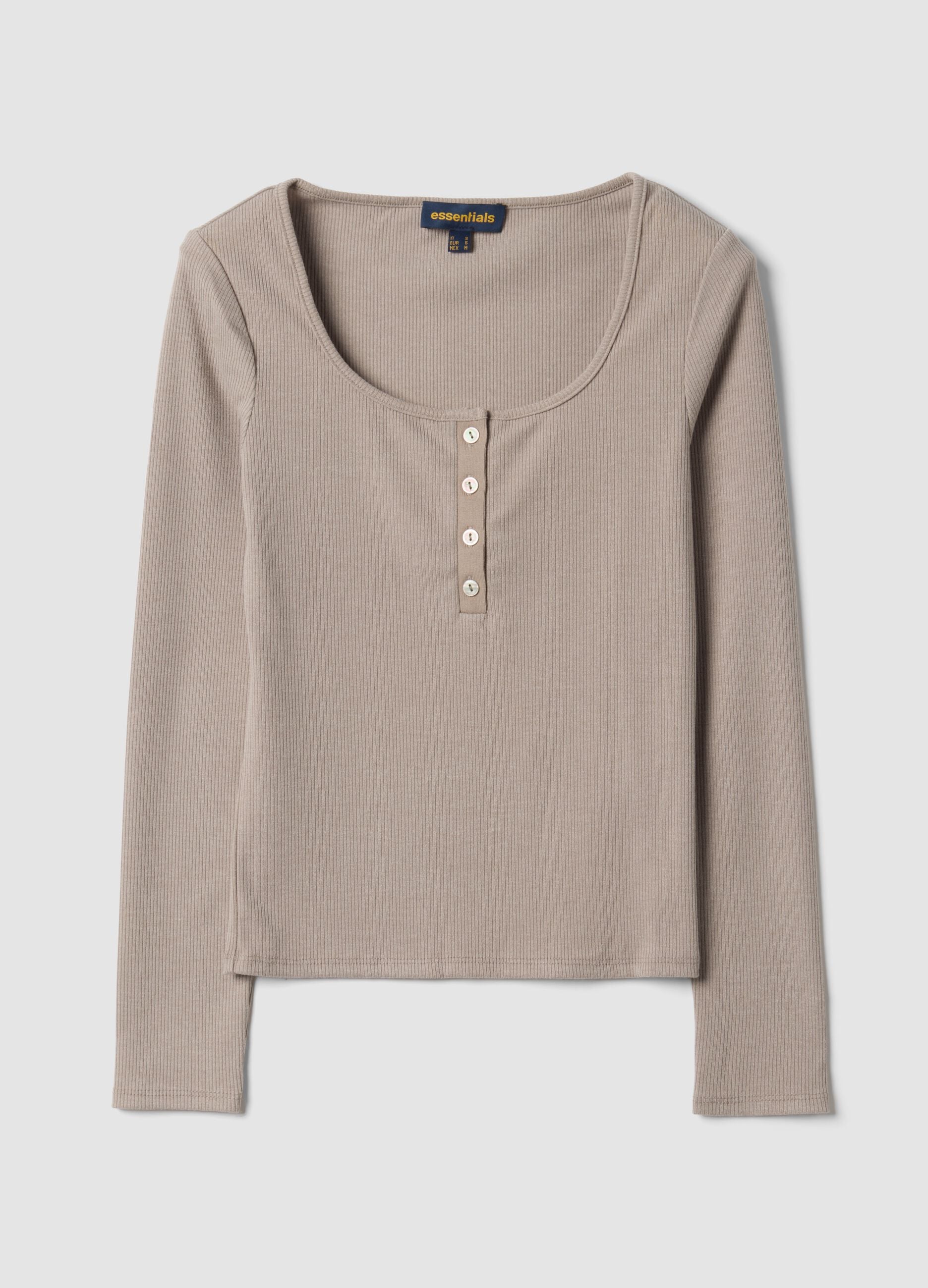 Beige stretch viscose crew-neck T-shirt