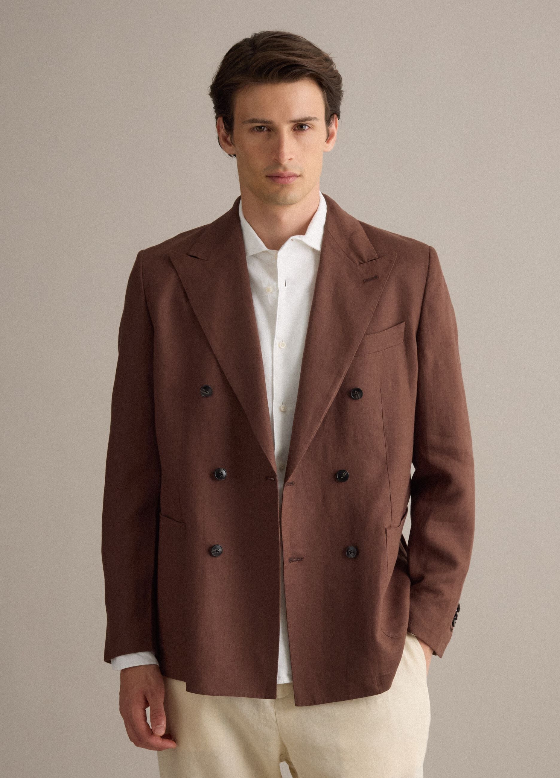 Brown pure linen regular-fit blazer