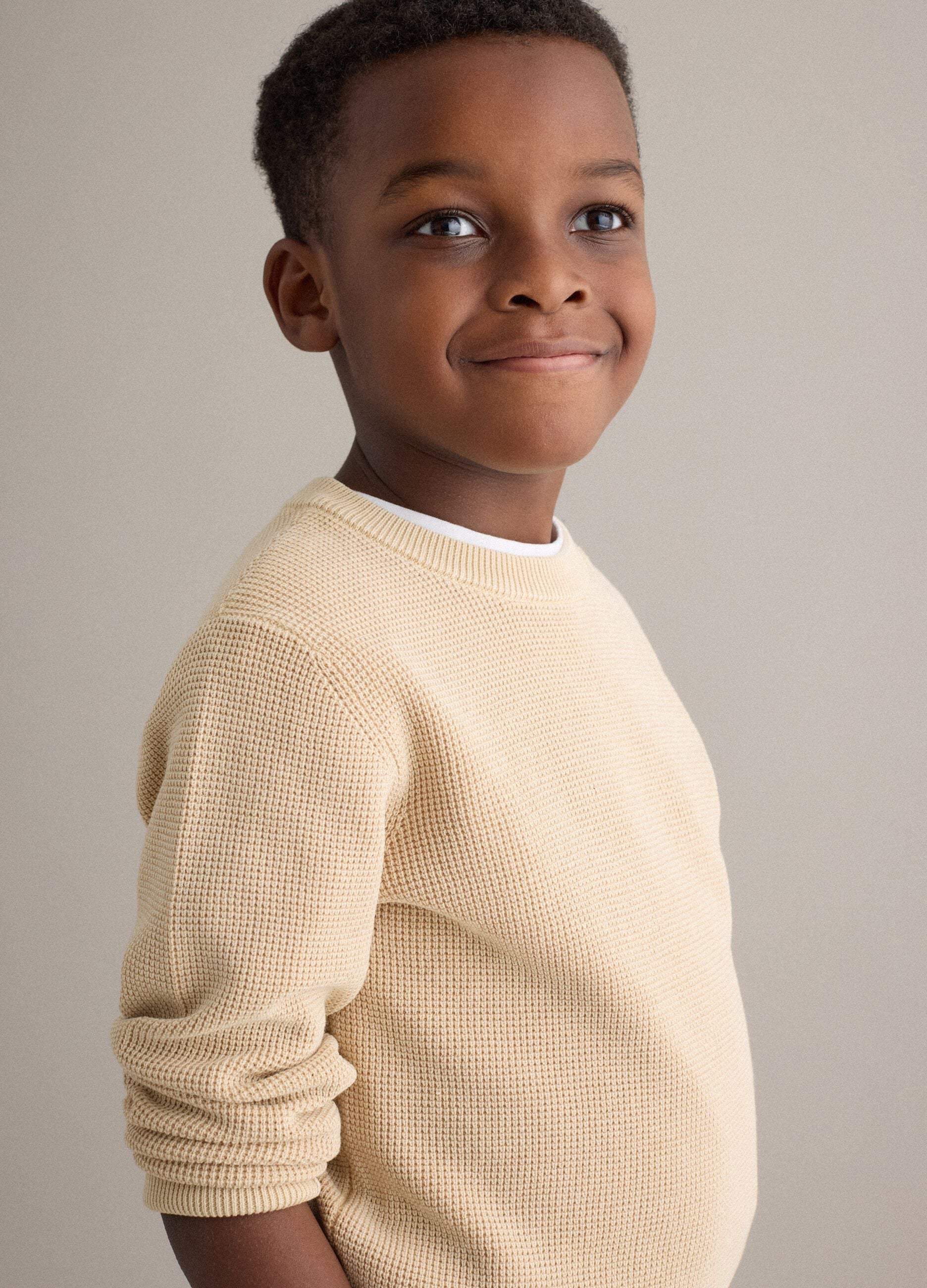 Child's regular fit beige crew neck pure cotton jumper
