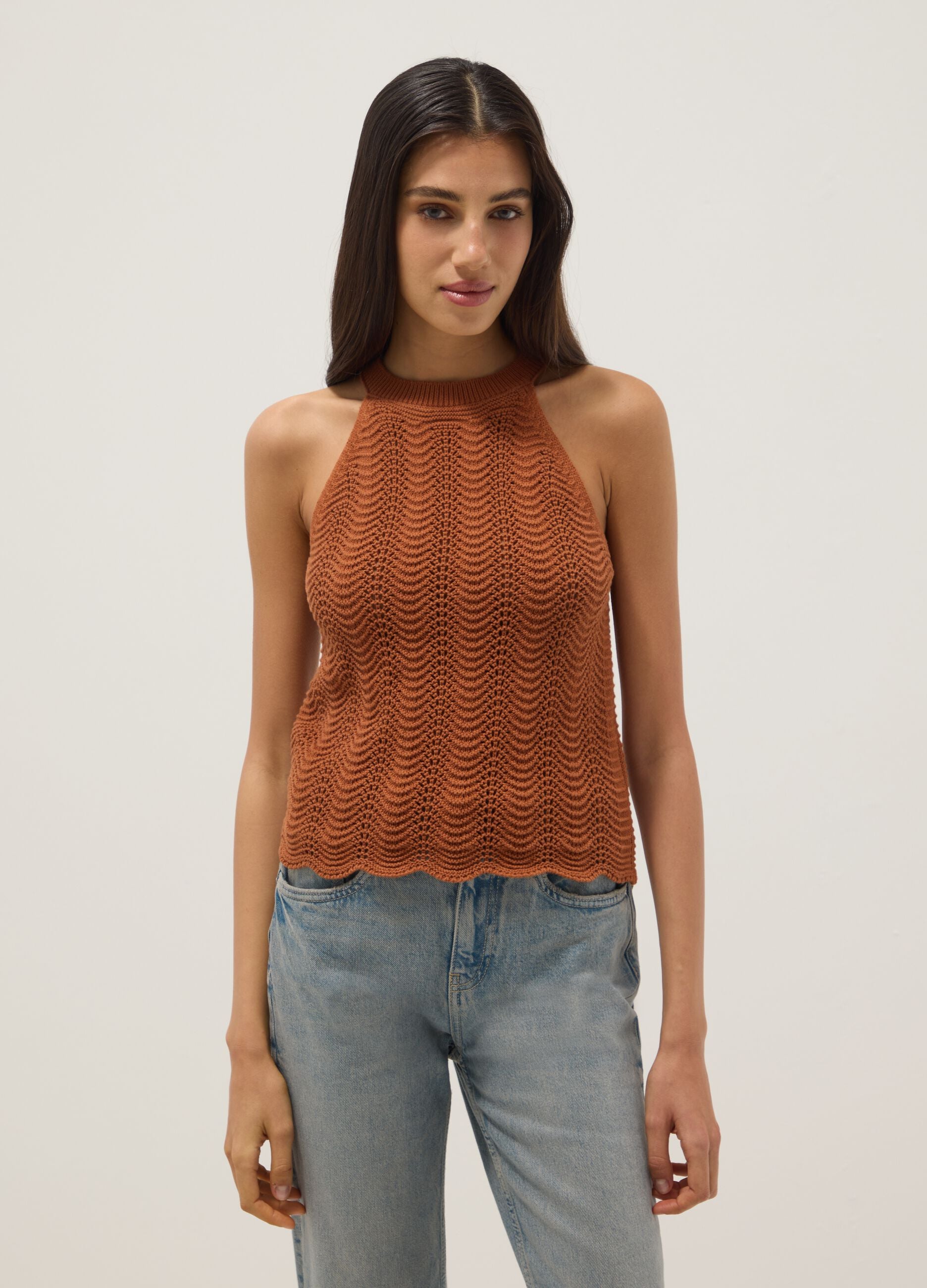 Regular fit orange pure cotton tank top with mesh texture