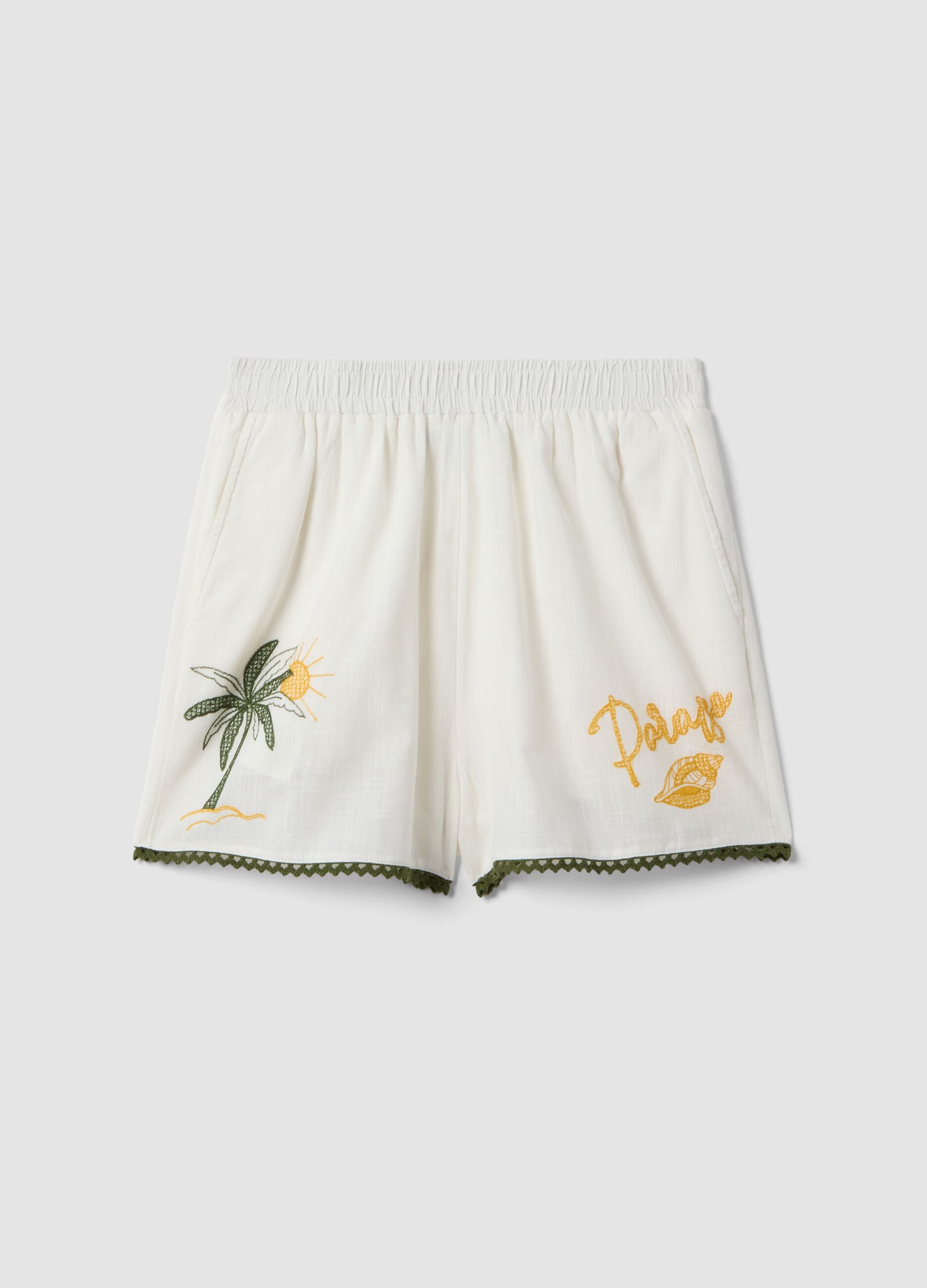 White pure cotton beach shorts with embroidery