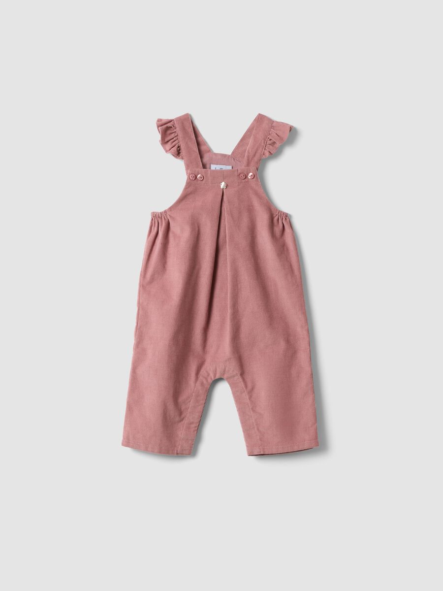 Pink pure cotton dungarees with ruffle straps for baby girl_0
