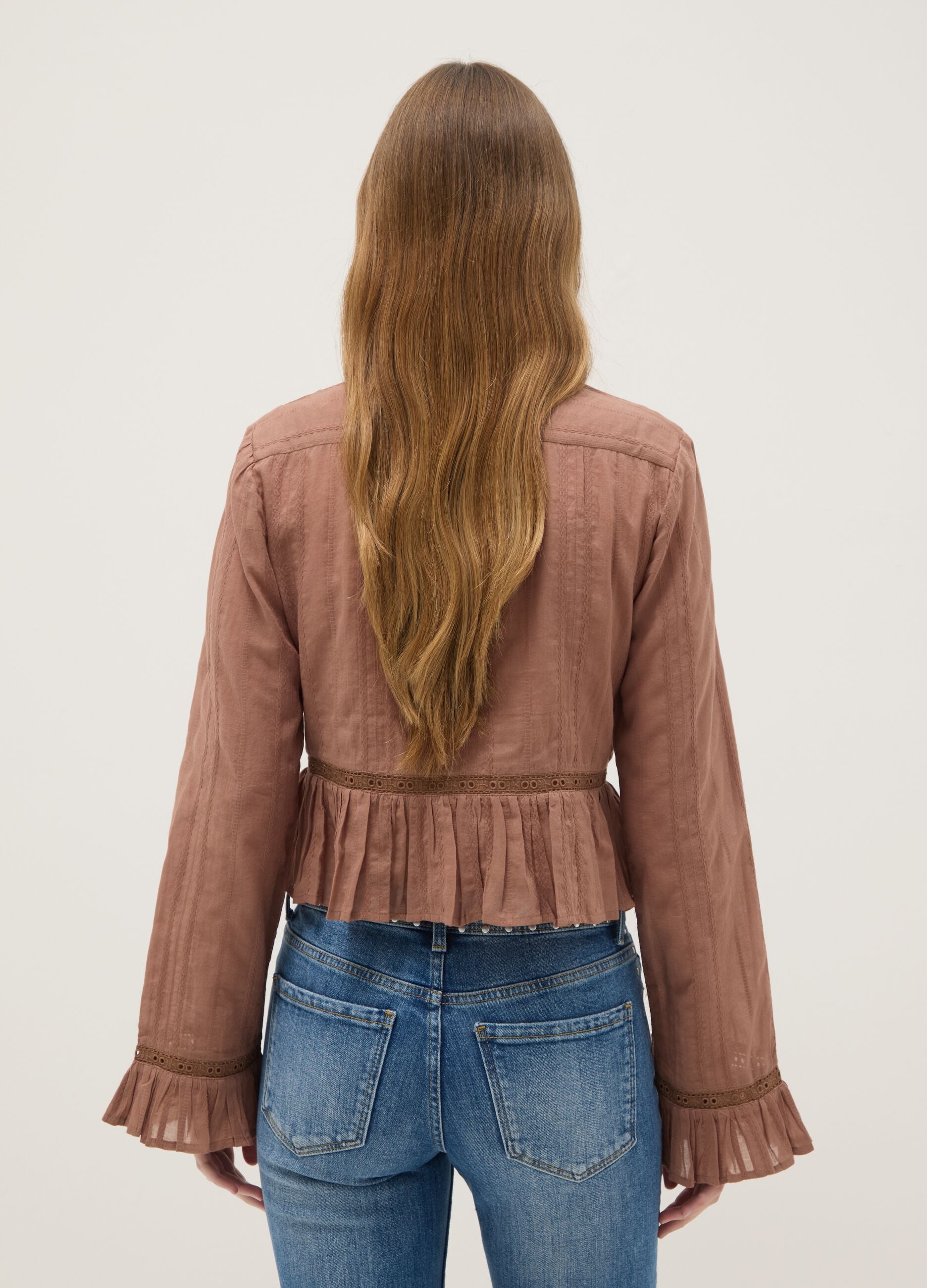 Brown pure cotton regular fit shirt with ruffles