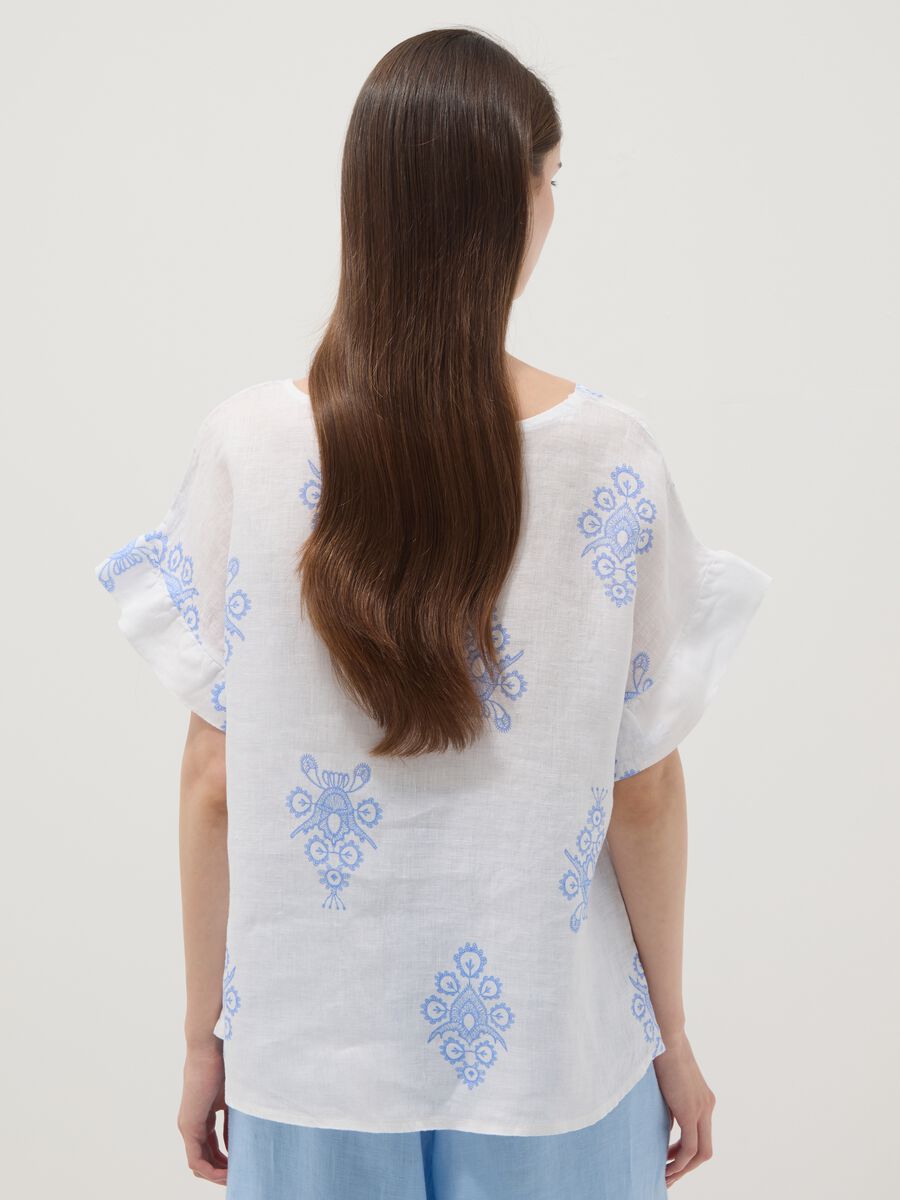White pure linen blouse with embroidery and ruffle sleeves, regular fit_3