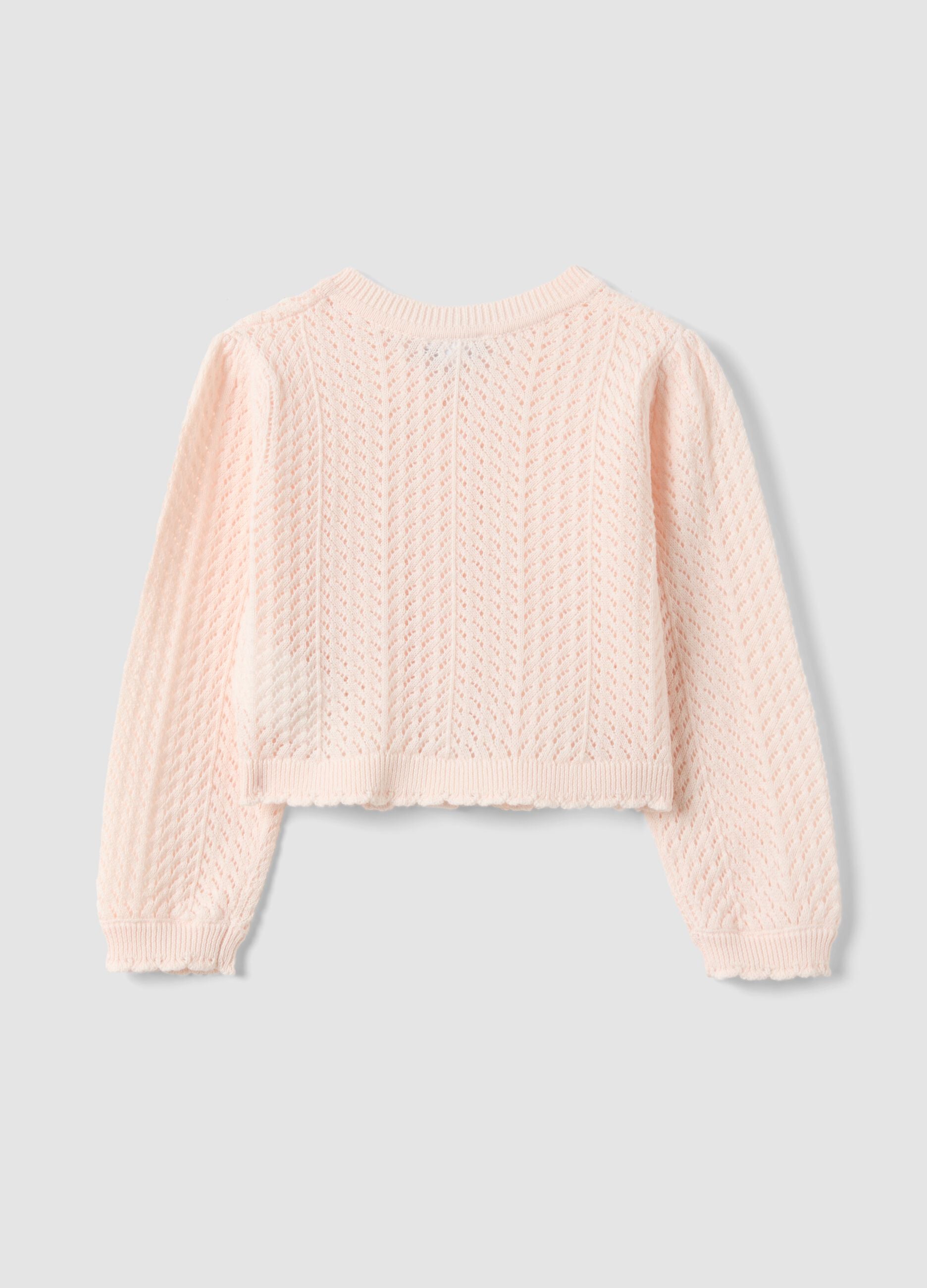 Fitted pink cotton cardigan for girls with eyelet design