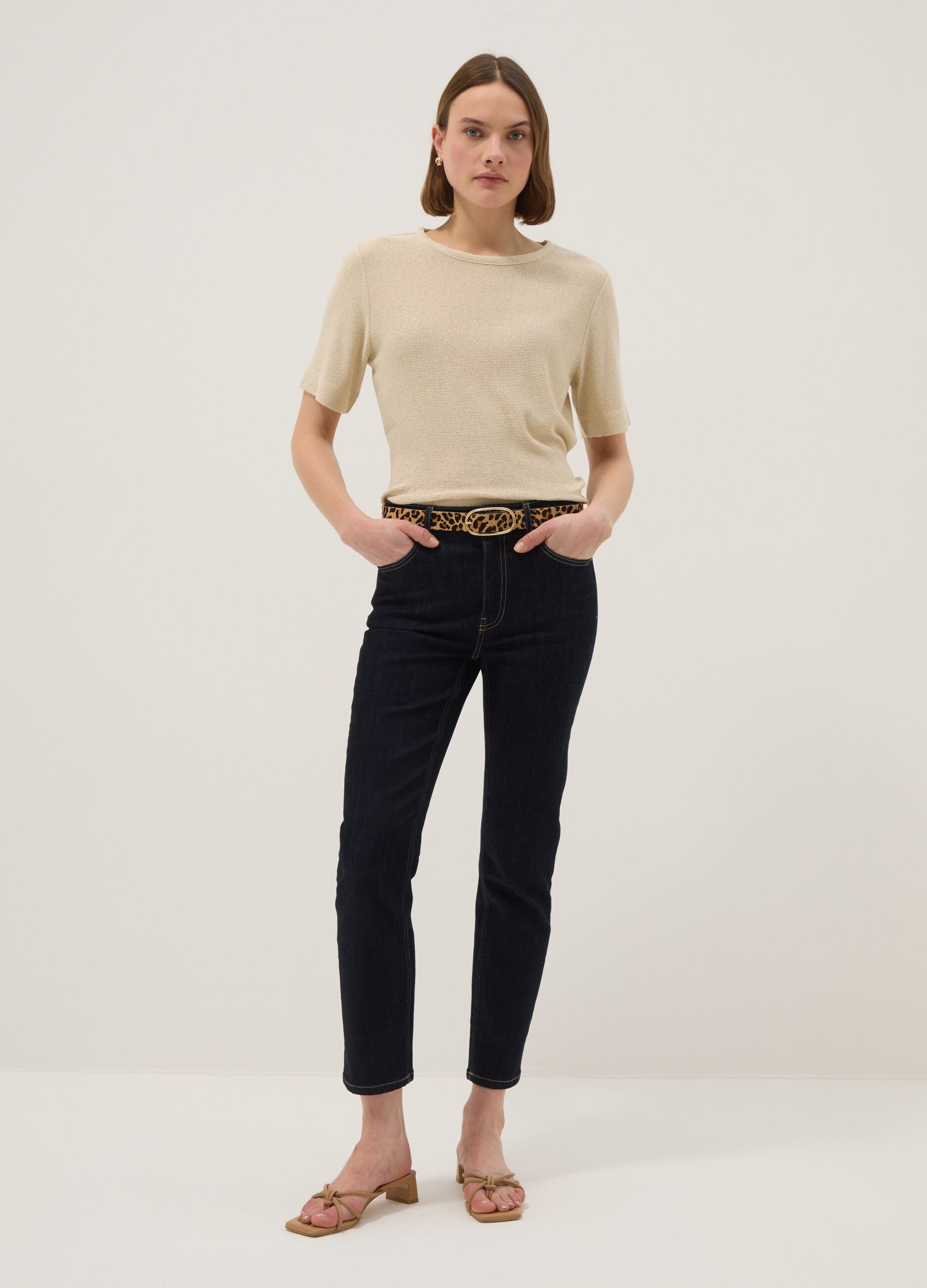 Beige viscose-blend short-sleeve T-shirt, regular fit