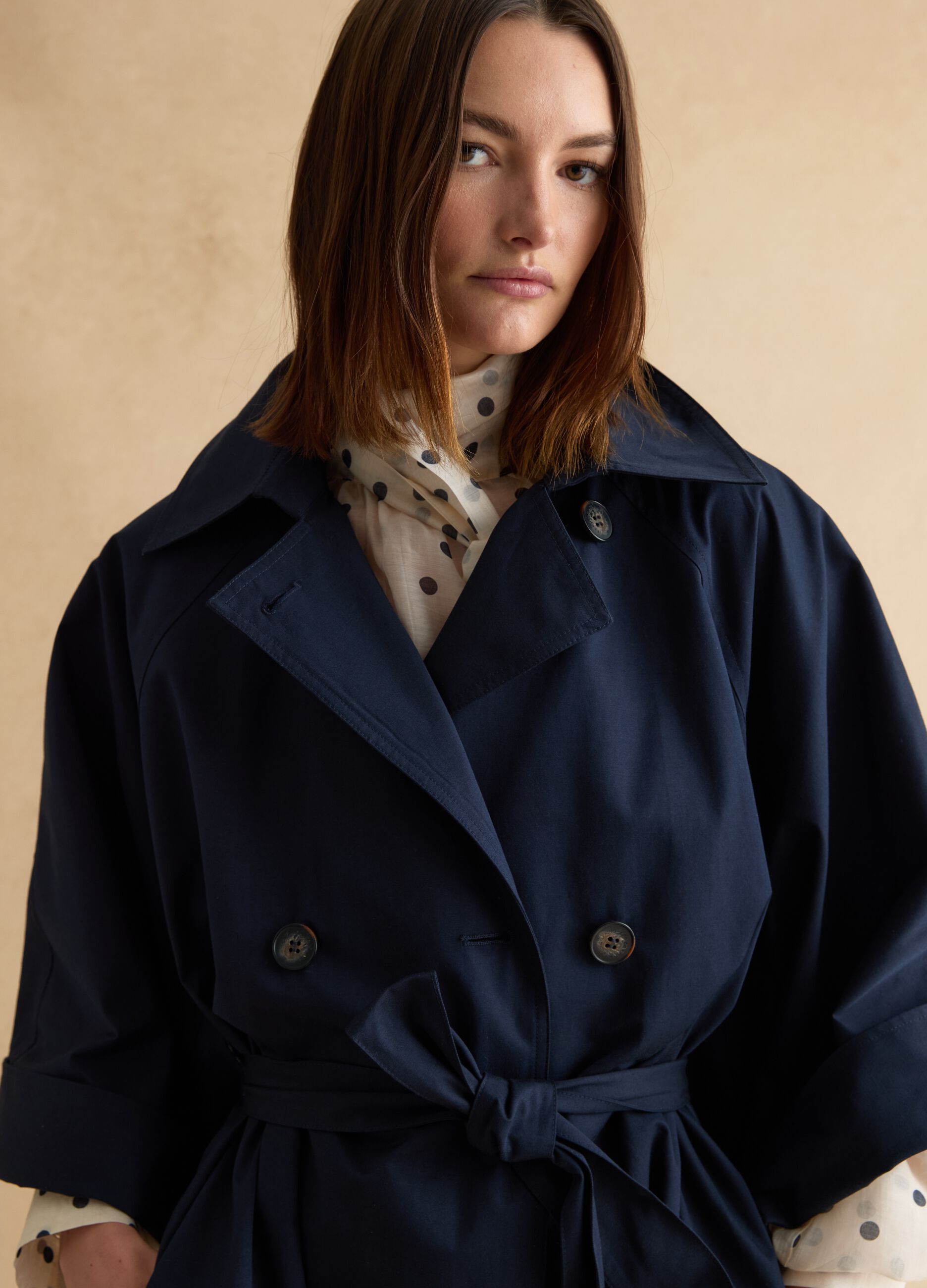 Long blue cotton blend coat with oversized fit