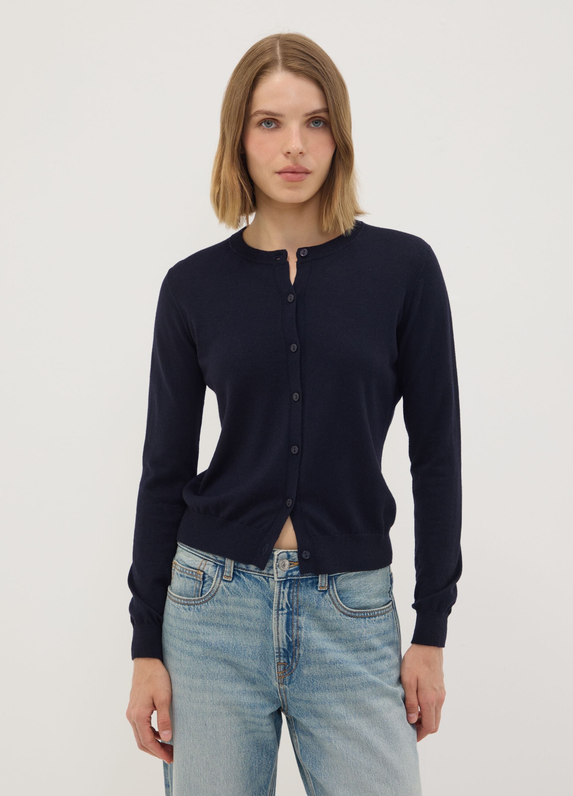 Navy wool-blend crew-neck cardigan