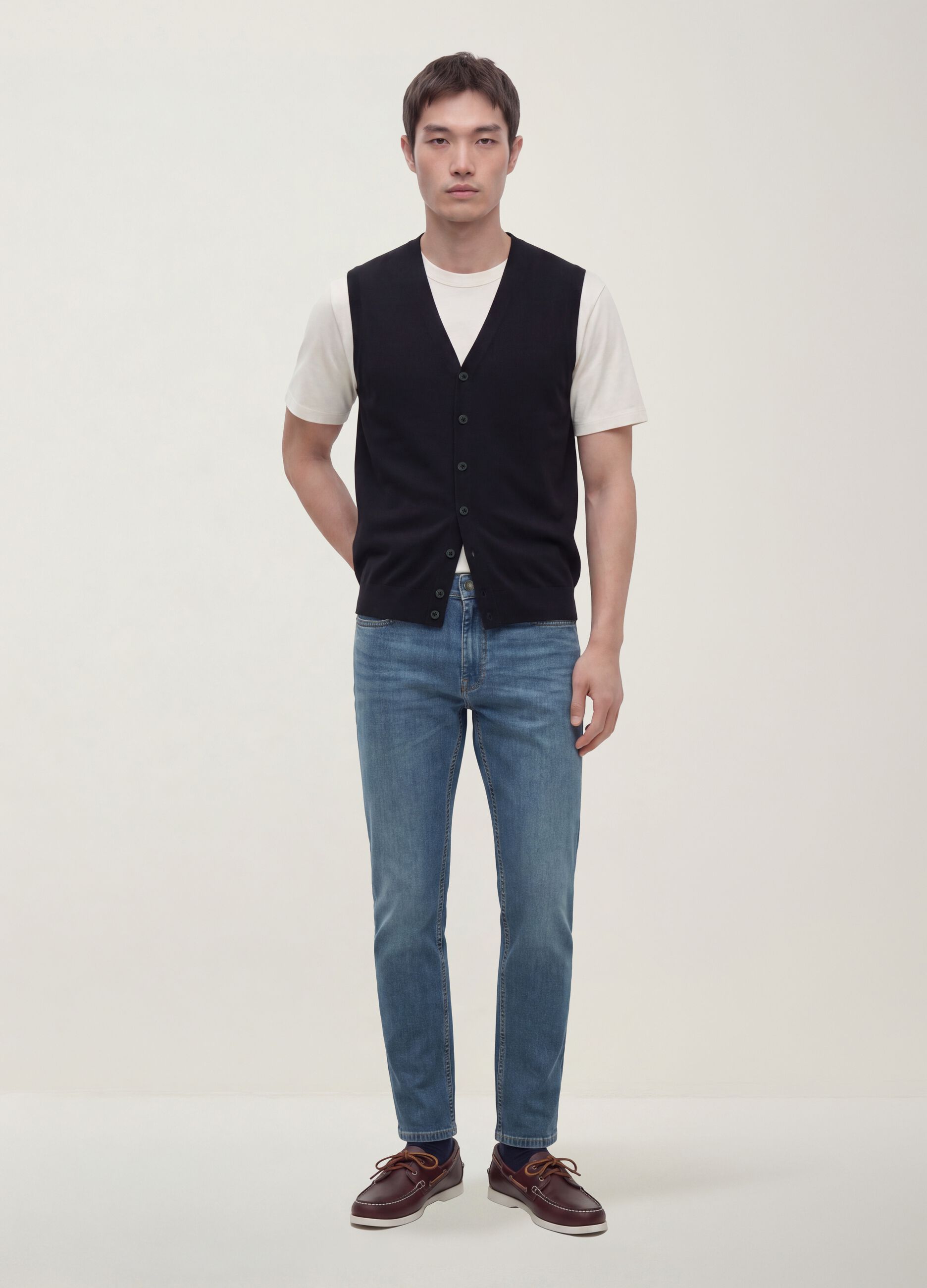 Black viscose-blend waistcoat with deep V-neck, regular fit