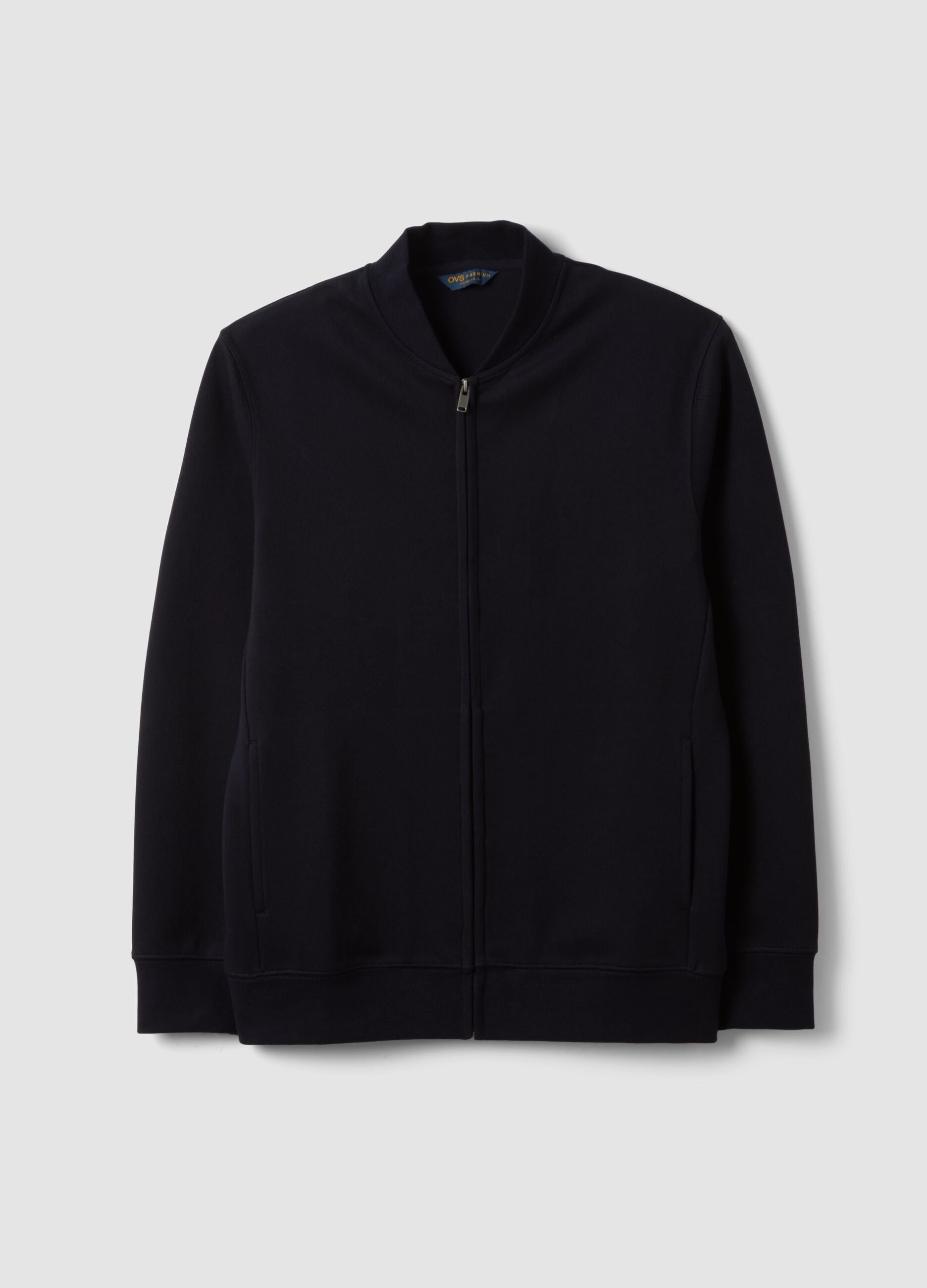 Navy full-zip sweatshirt in stretch piqu&eacute; with ribbed collar
