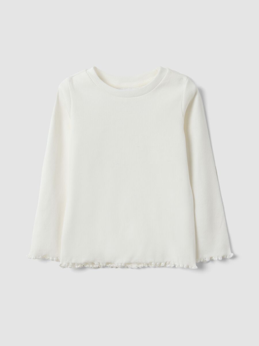 White slim-fit ribbed stretch cotton T-shirt for baby girl_0