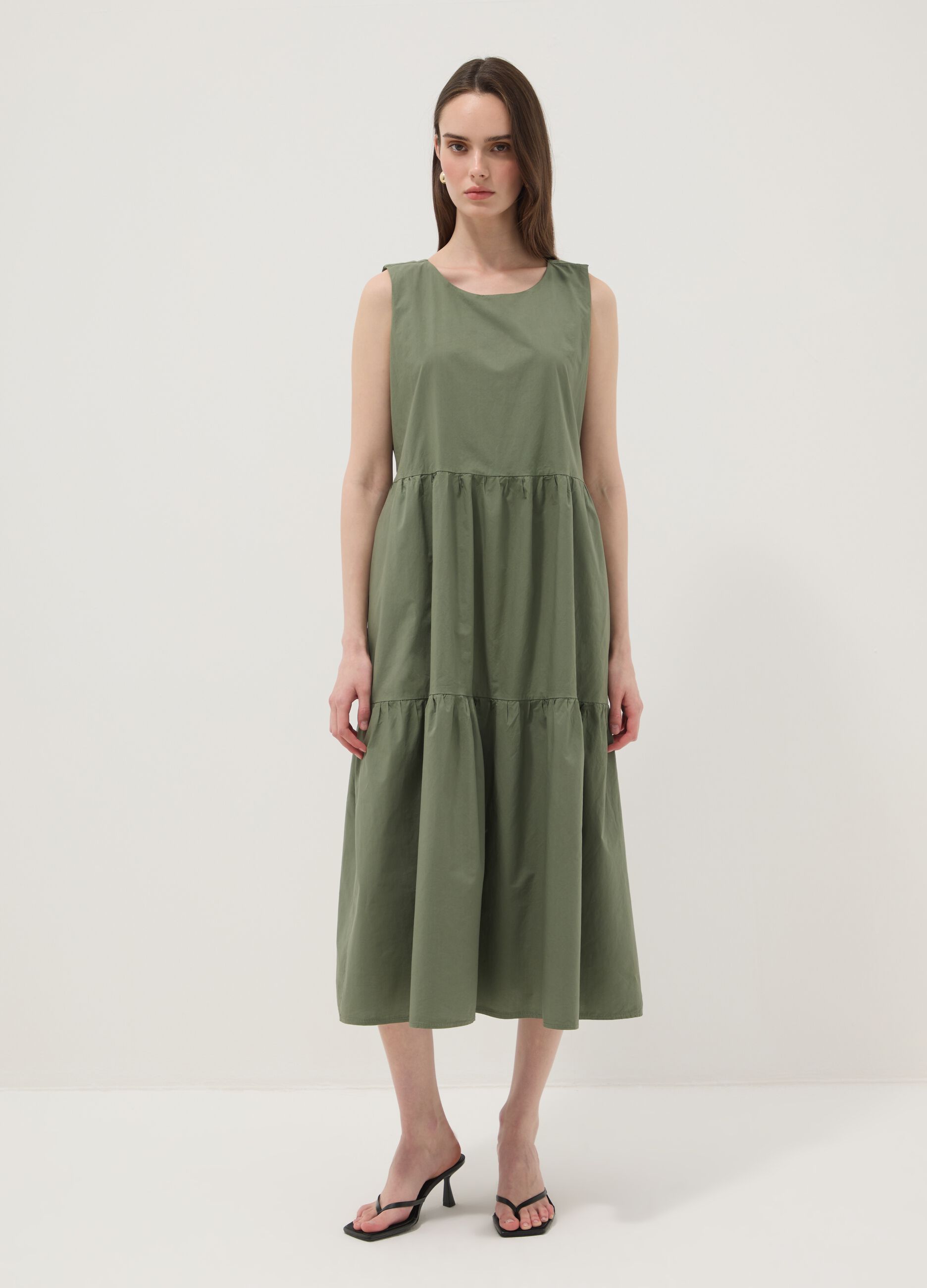 Green sleeveless pure cotton dress with tiered skirt, regular fit