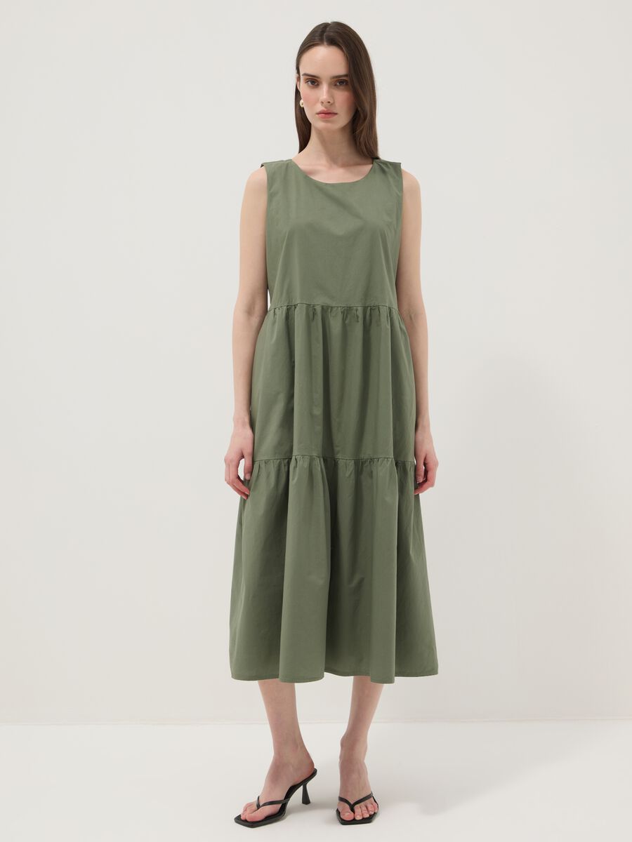 Green sleeveless pure cotton dress with tiered skirt, regular fit_0
