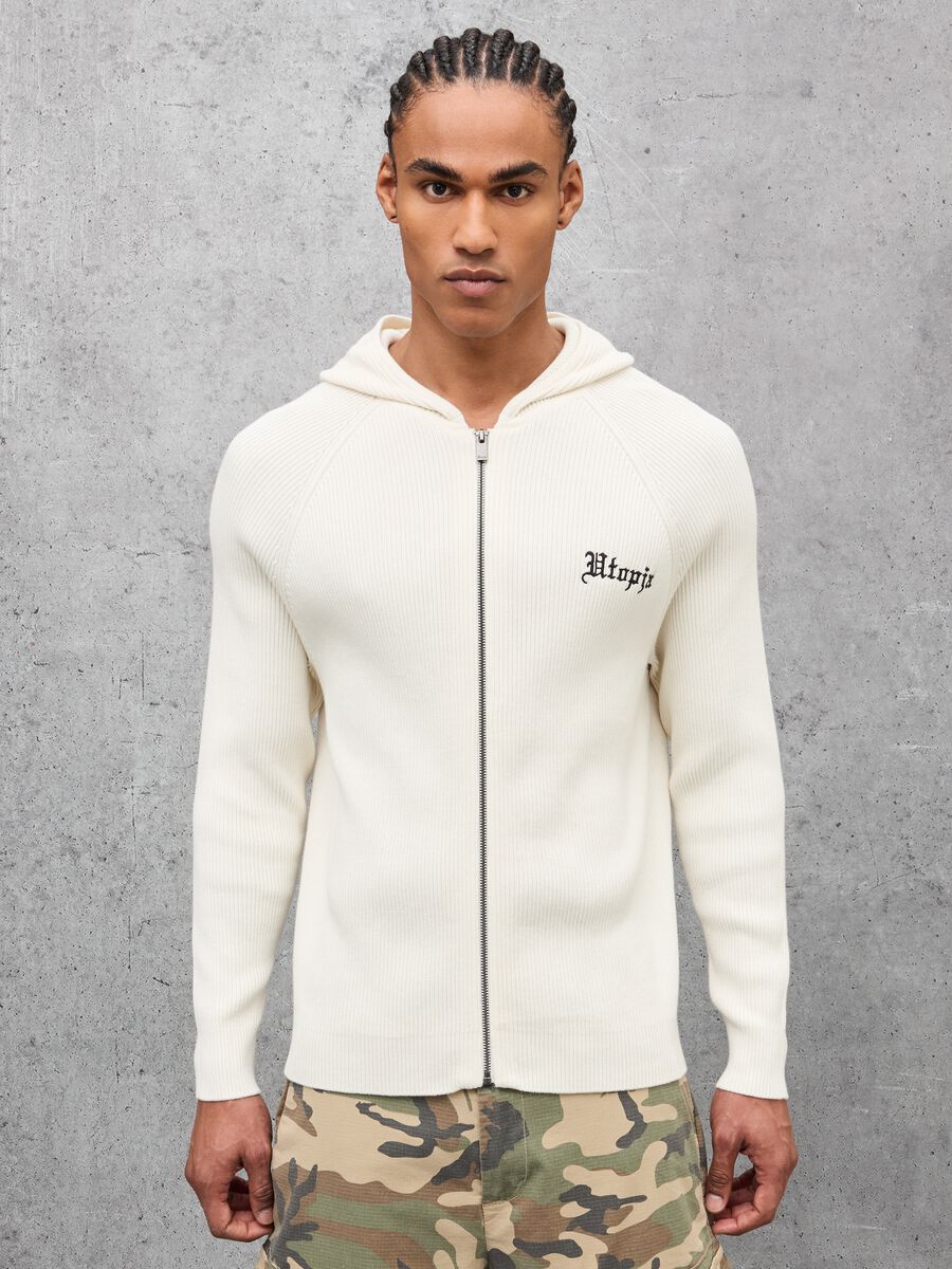 White Ribbed Knit Hoodie_0