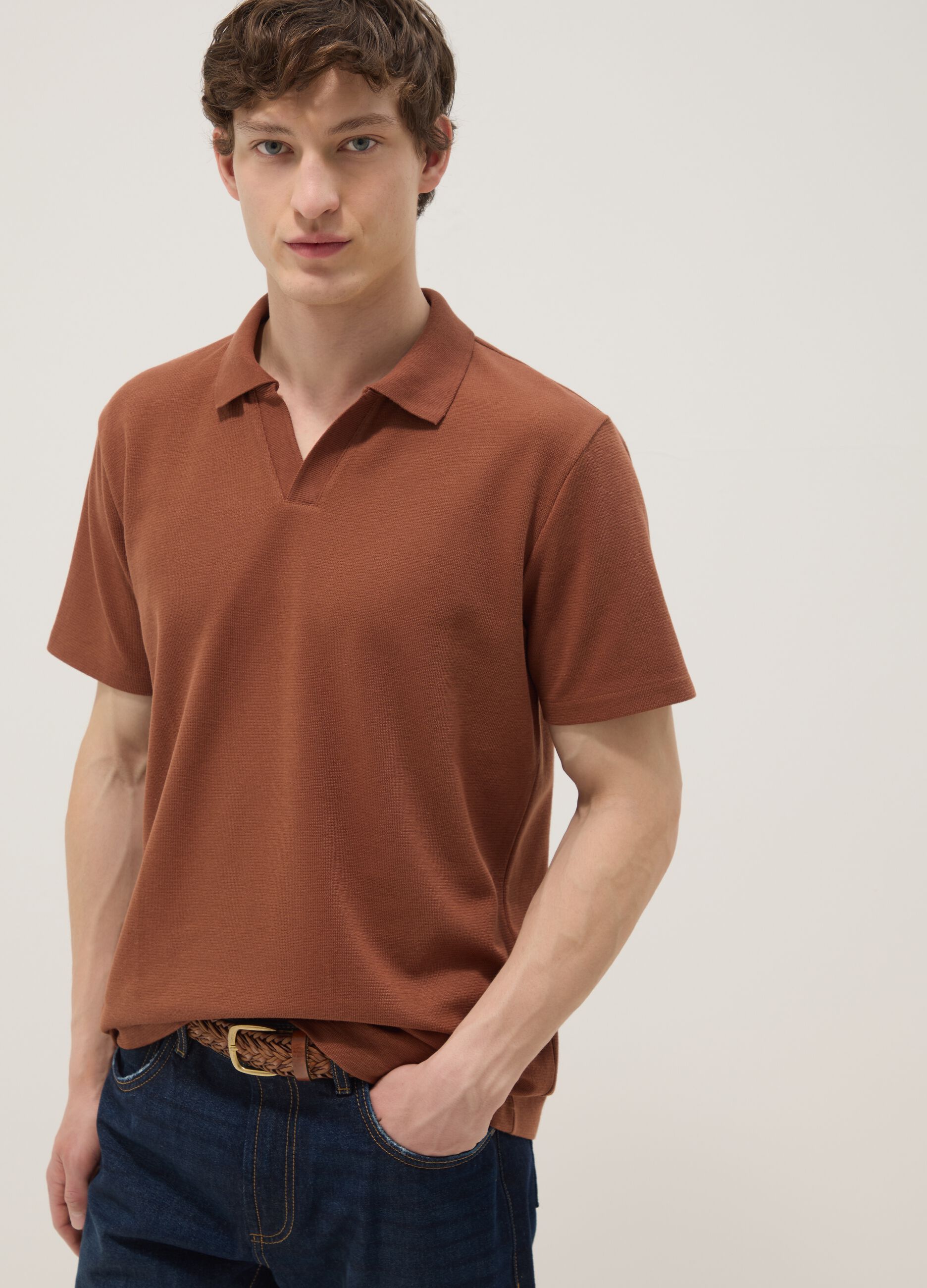 Brown short-sleeve stretch-cotton polo shirt