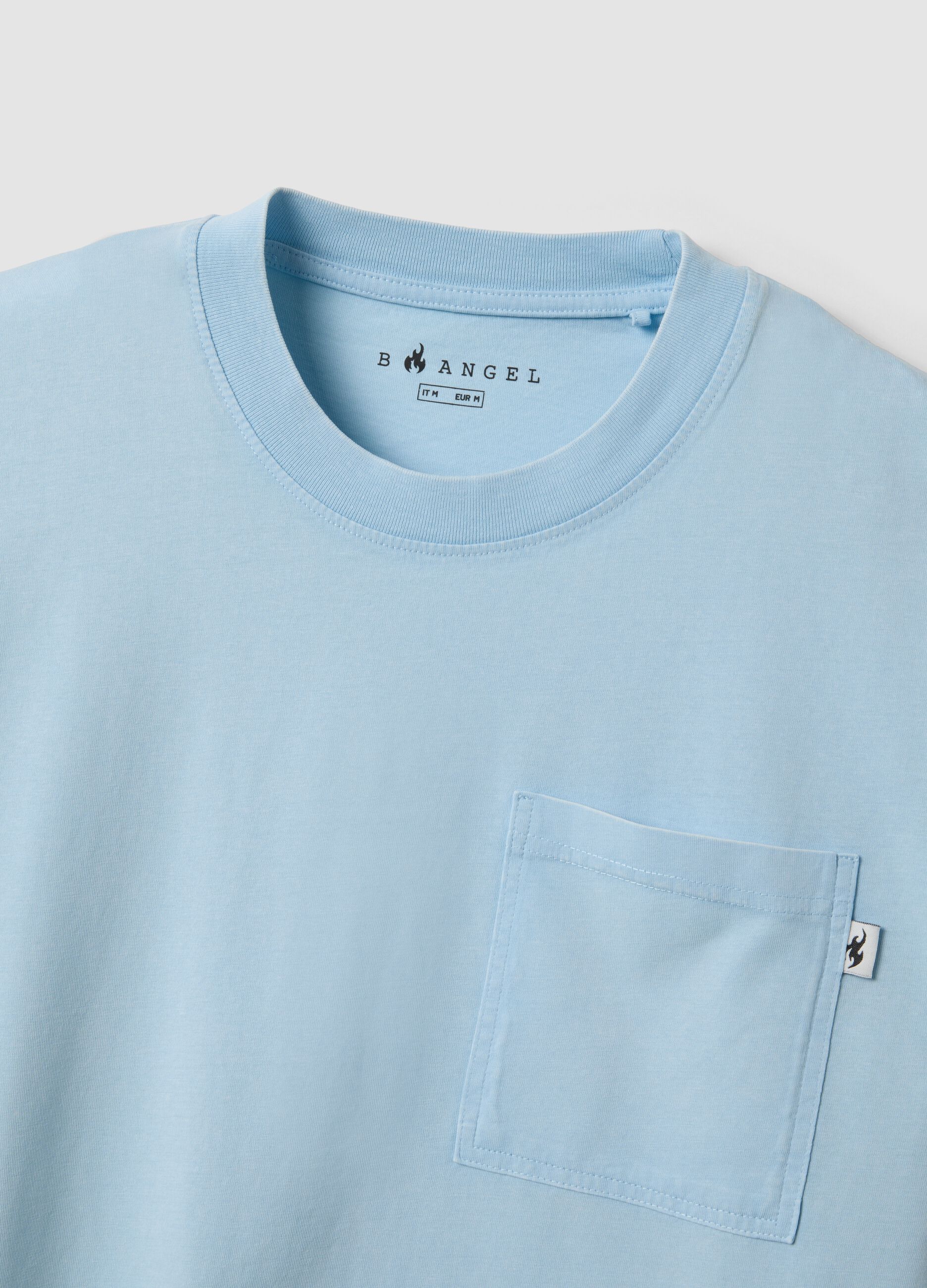 Sky-blue pure cotton T-shirt with chest pocket, regular fit