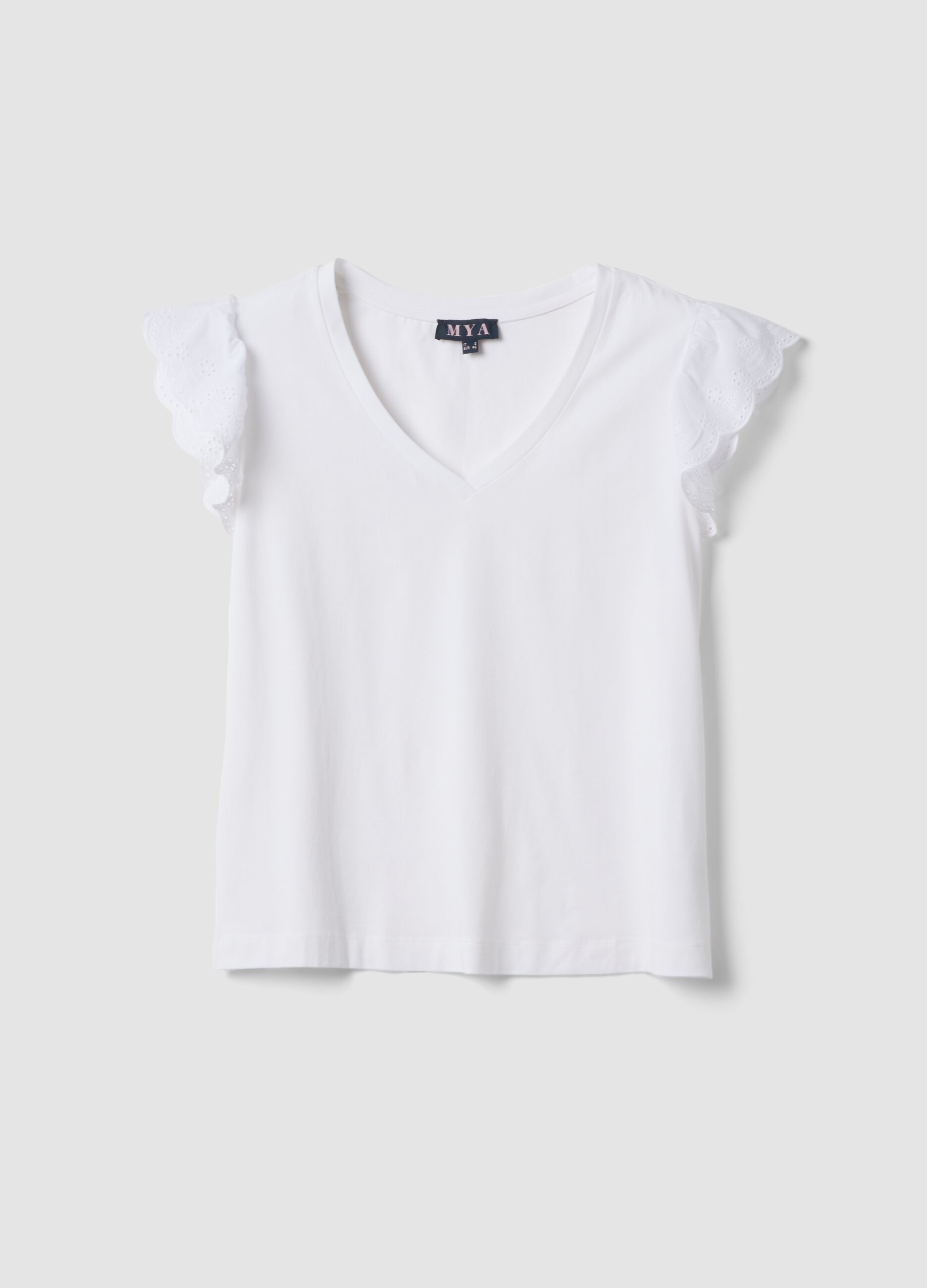 White stretch cotton T-shirt with broderie frill sleeves, regular fit