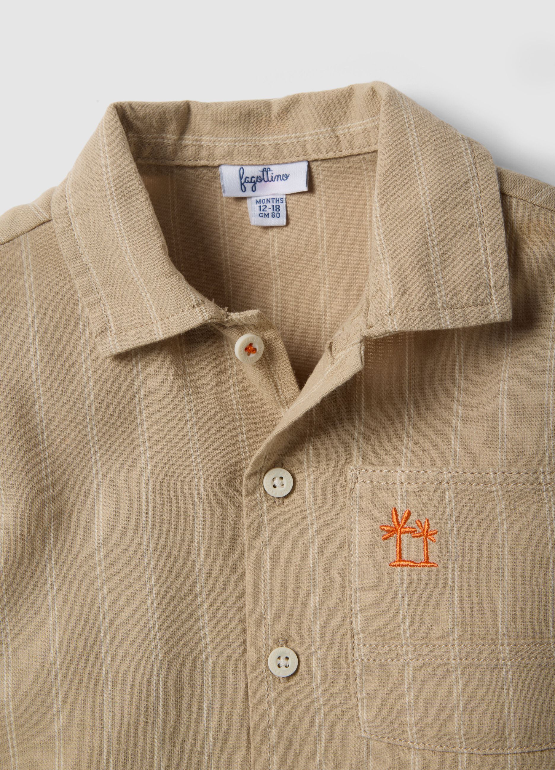 Oversized fit striped beige pure cotton shirt with buttons for boys