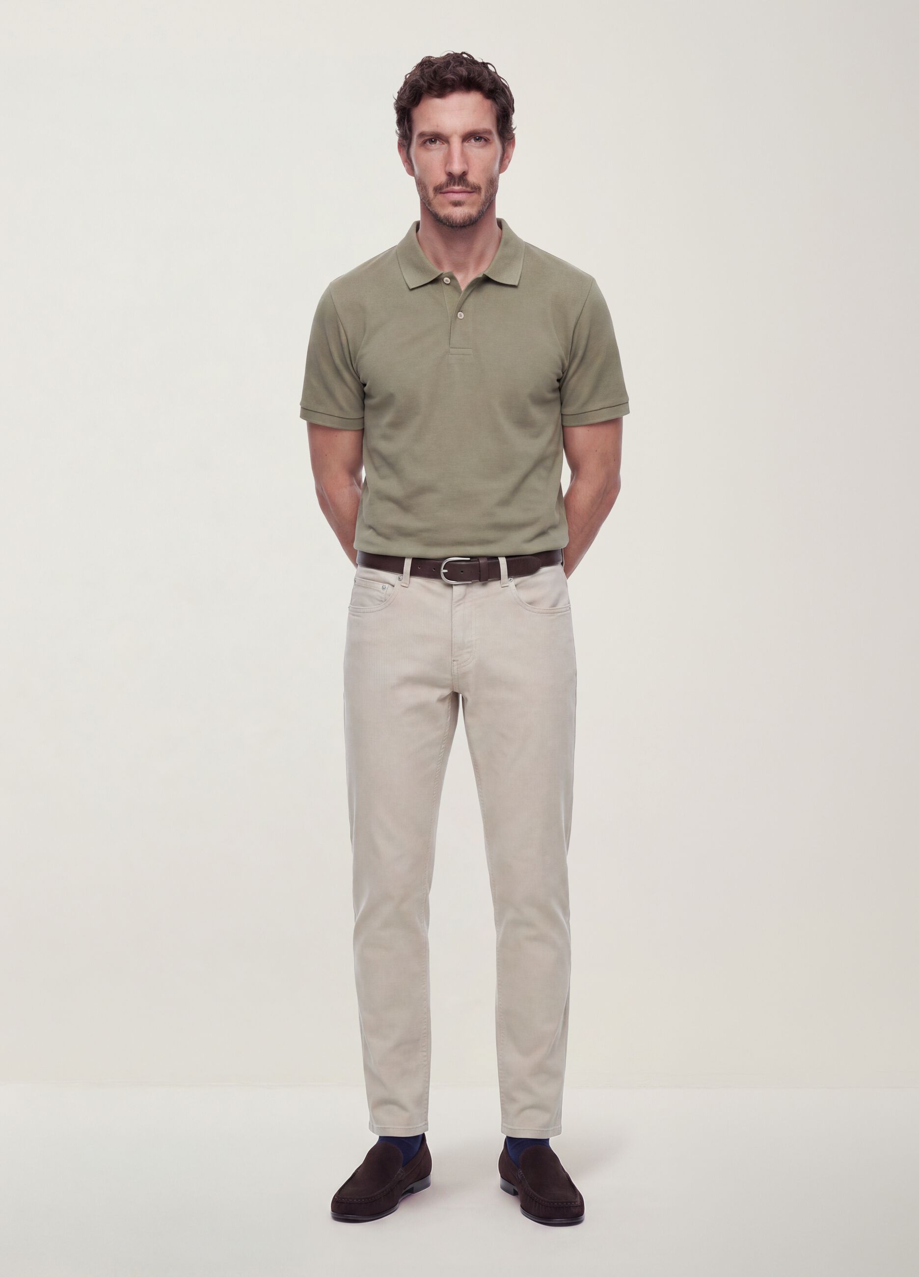 Beige slim-fit stretch cotton dobby trousers