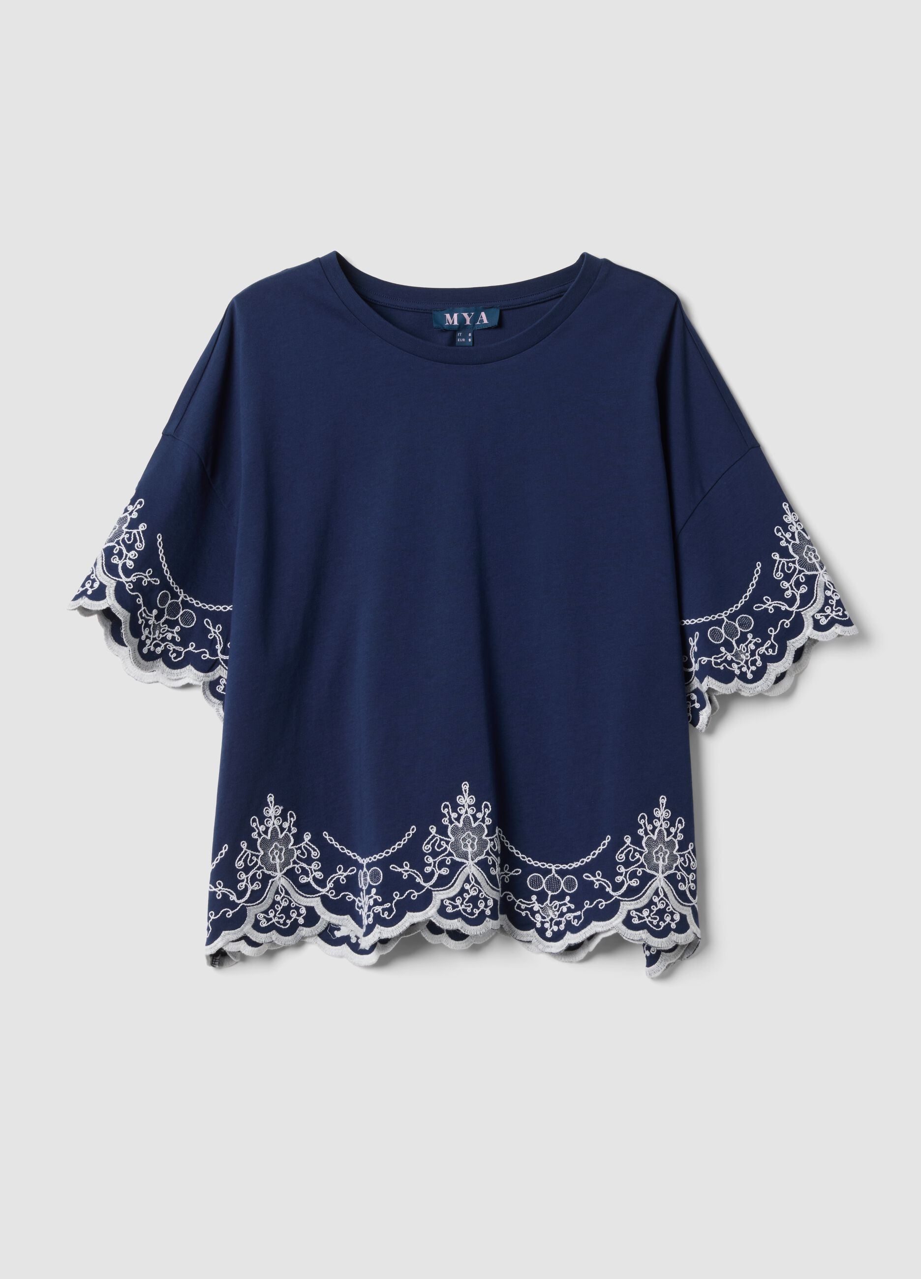 Blue pure cotton embroidered T-shirt, regular fit