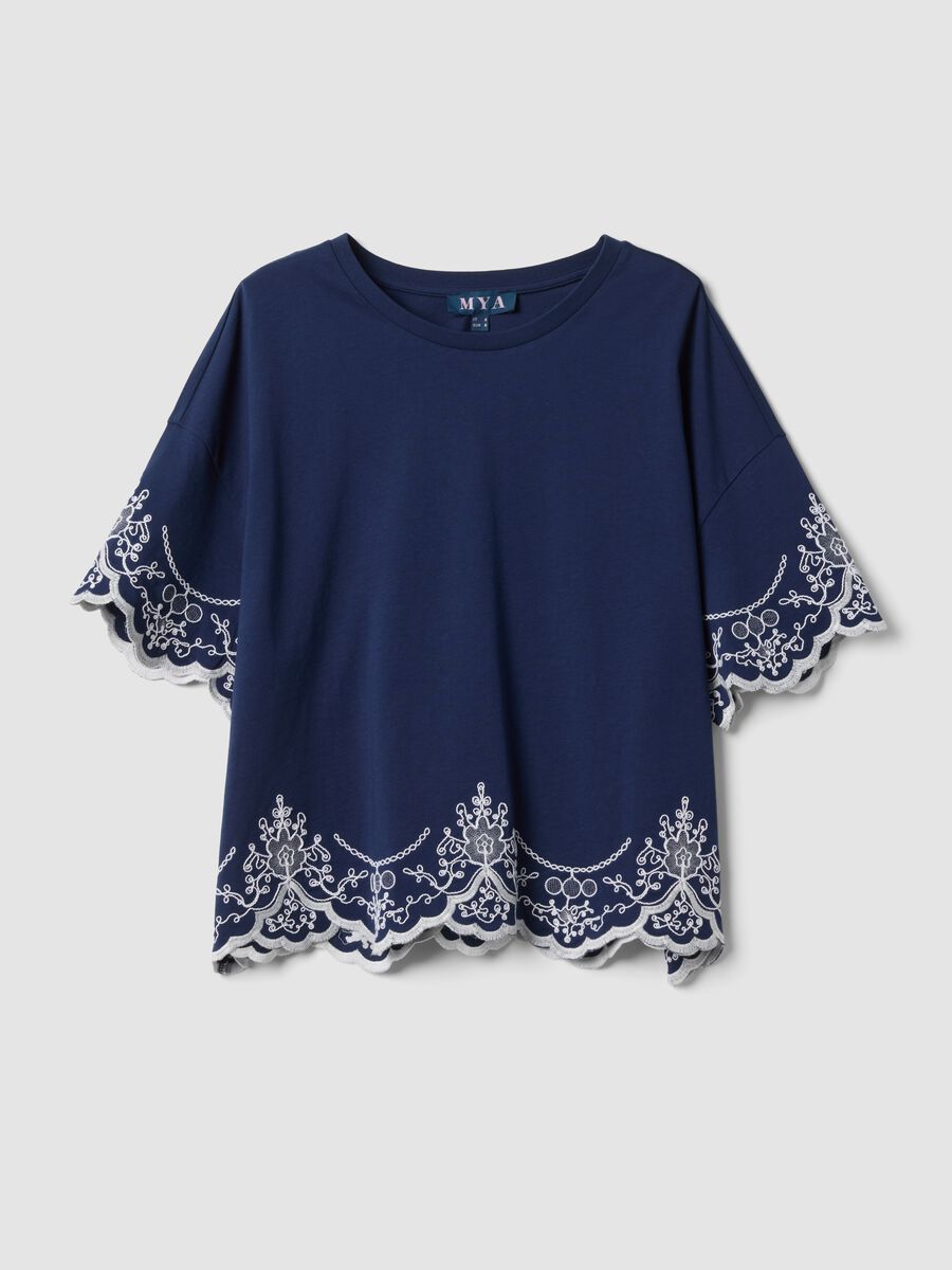 Blue pure cotton embroidered T-shirt, regular fit_4