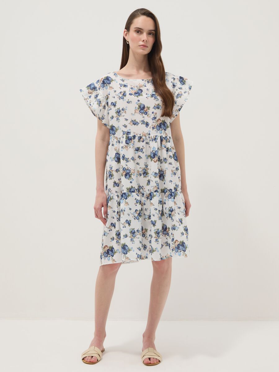 White pure cotton floral dress with ruffle sleeves_0