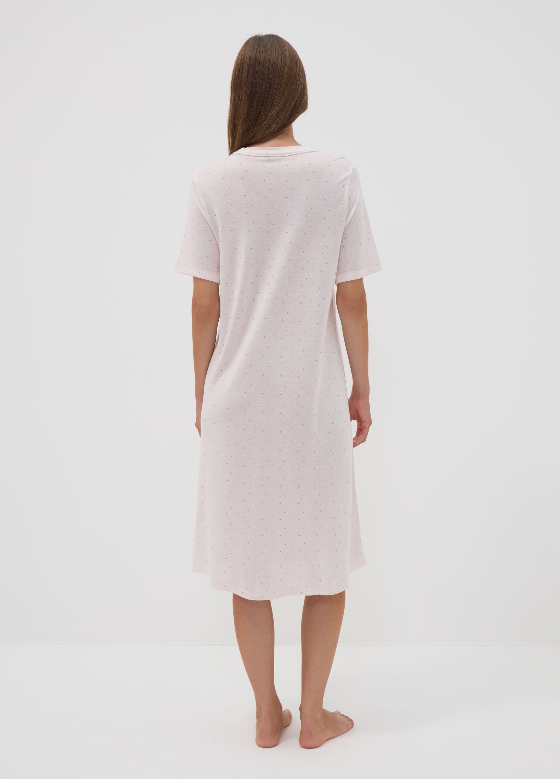 Pink polka-dot pure viscose nightshirt with V-neck