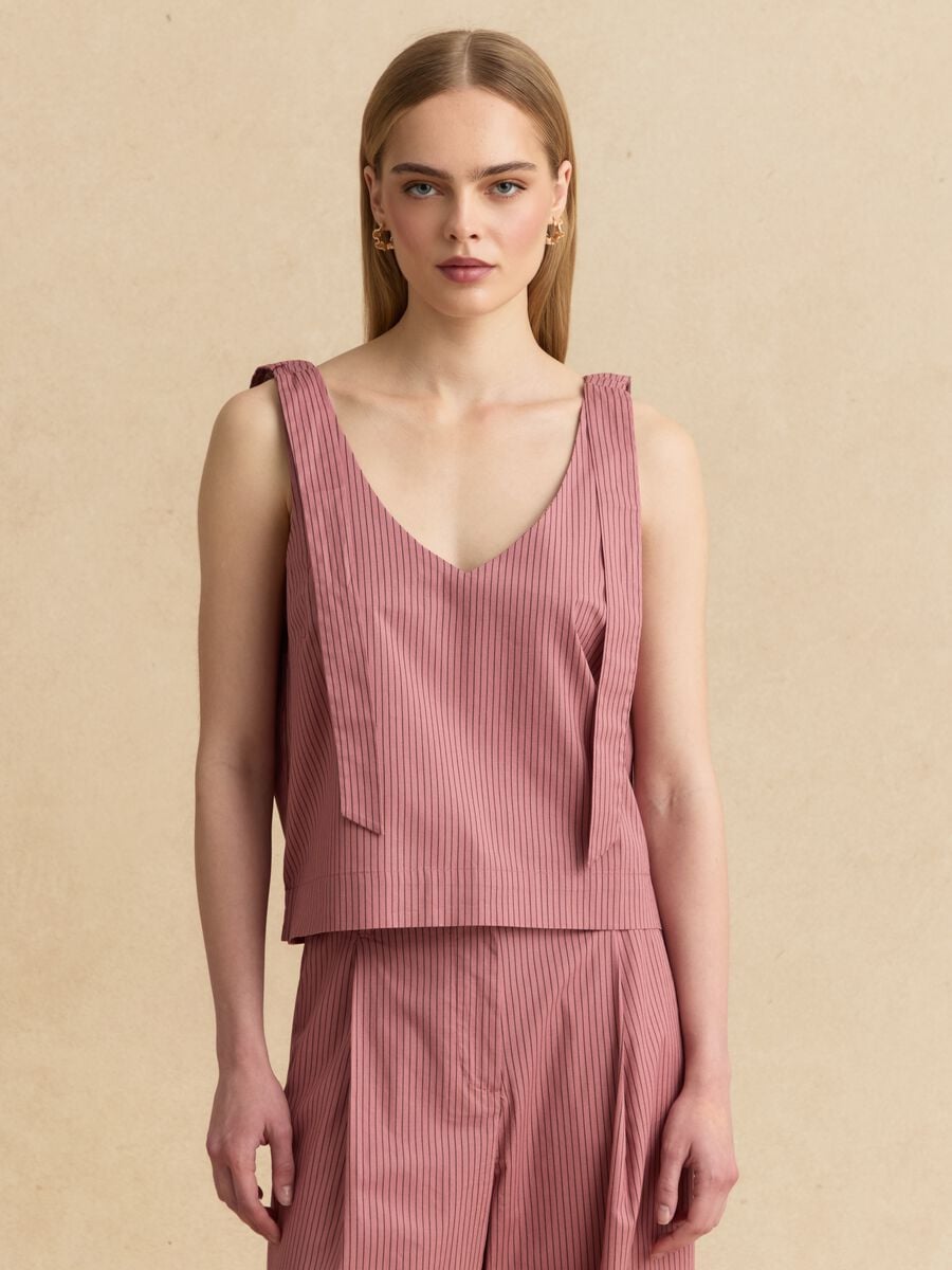 Pink stretch-cotton blouse with tie shoulder straps_1