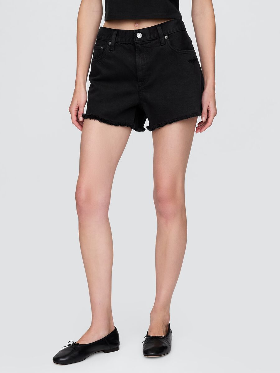Black Denim Shorts with Frayed Hem_1