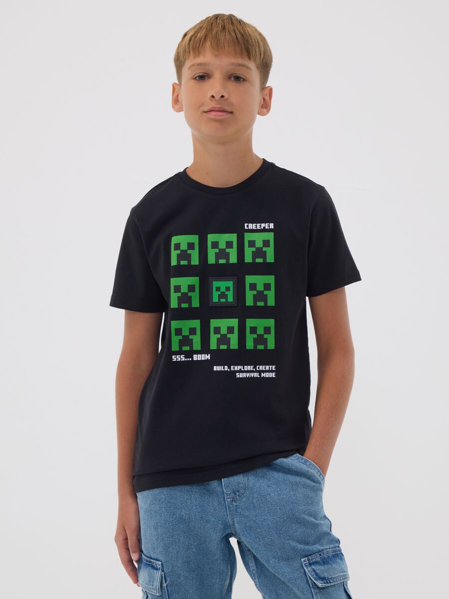 T-shirt nera in puro cotone con stampa Minecraft per ragazzo_0