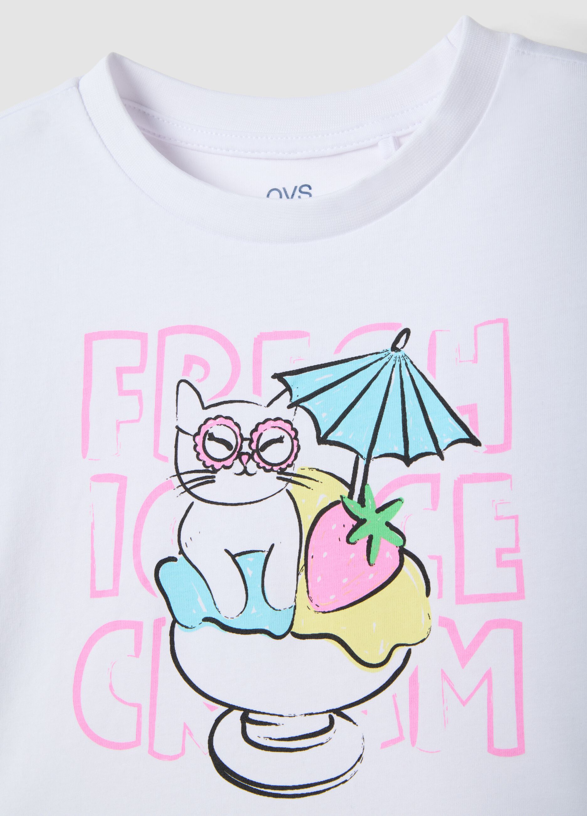 White pure cotton girls' T-shirt with strawberry print