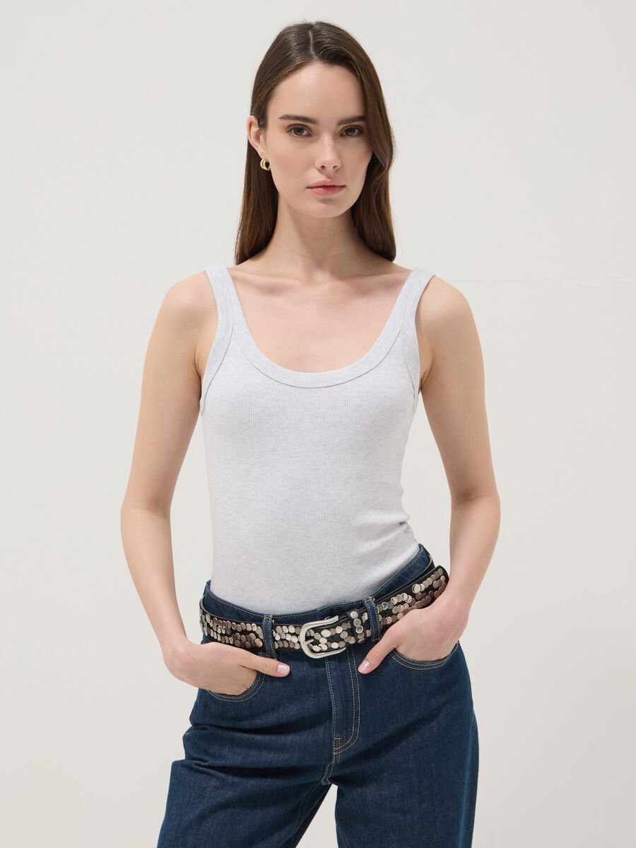 Grey ribbed stretch cotton bodysuit with wide neckline_1