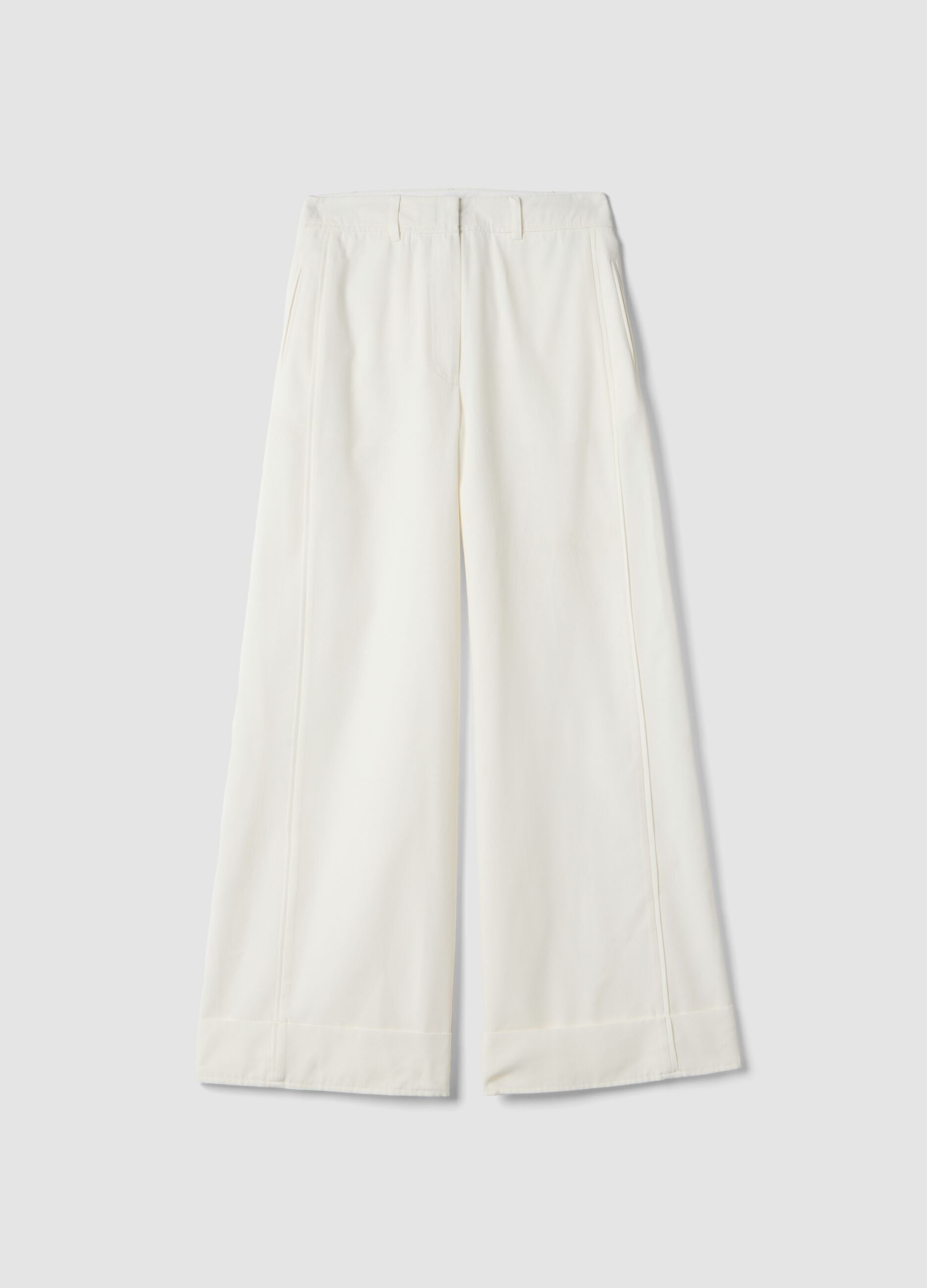 White cotton blend flare trousers with regular waist