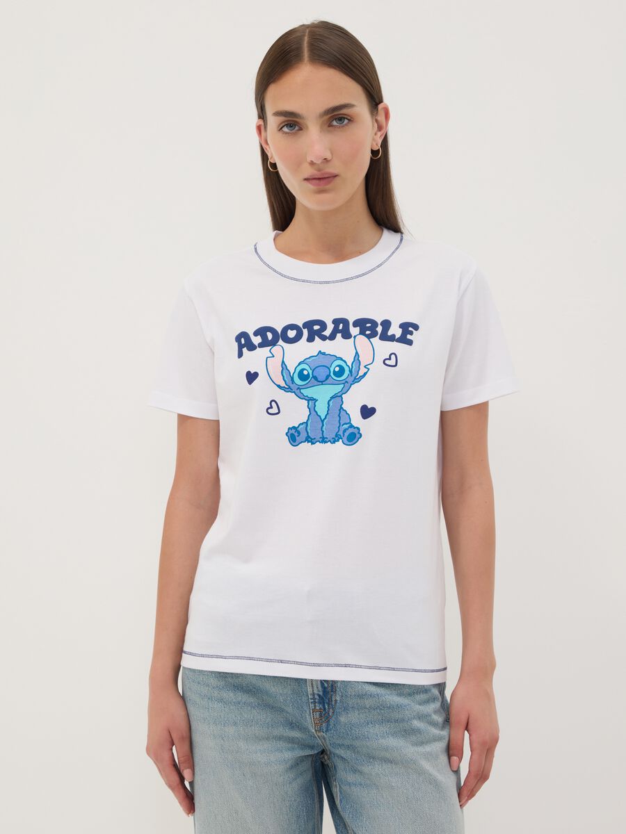 T-shirt bianca in puro cotone con stampa Stitch regular fit_0