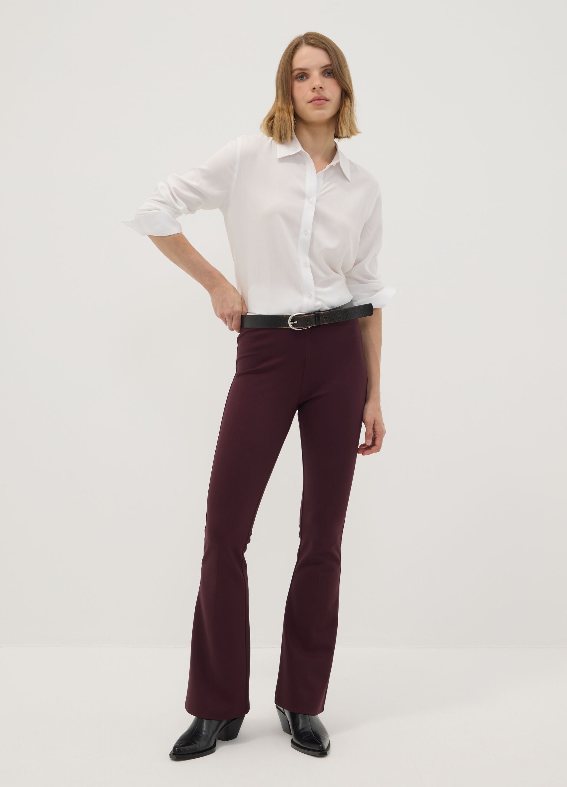 Burgundy flared leggings in stretch viscose Milano knit